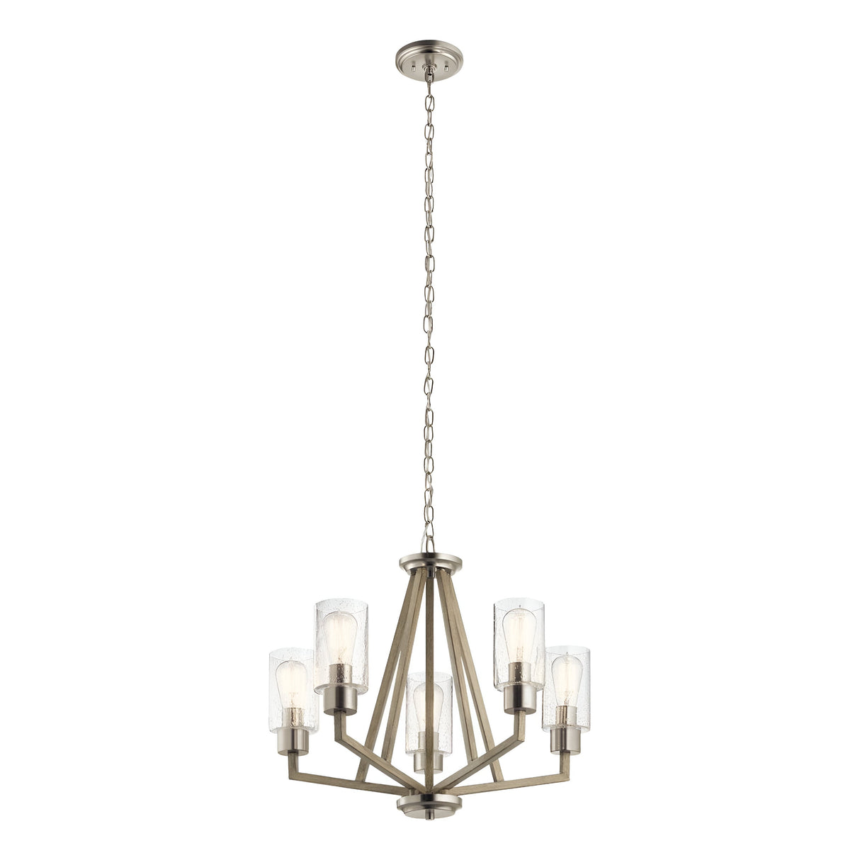 The Deryn 5 Light Chandelier in Antique Grey features a modern design with a metal frame and five candle-style lights, each enclosed in clear glass shades. Exuding rustic charm, it is suspended by a chain and offers a sleek contemporary look that easily elevates any room.