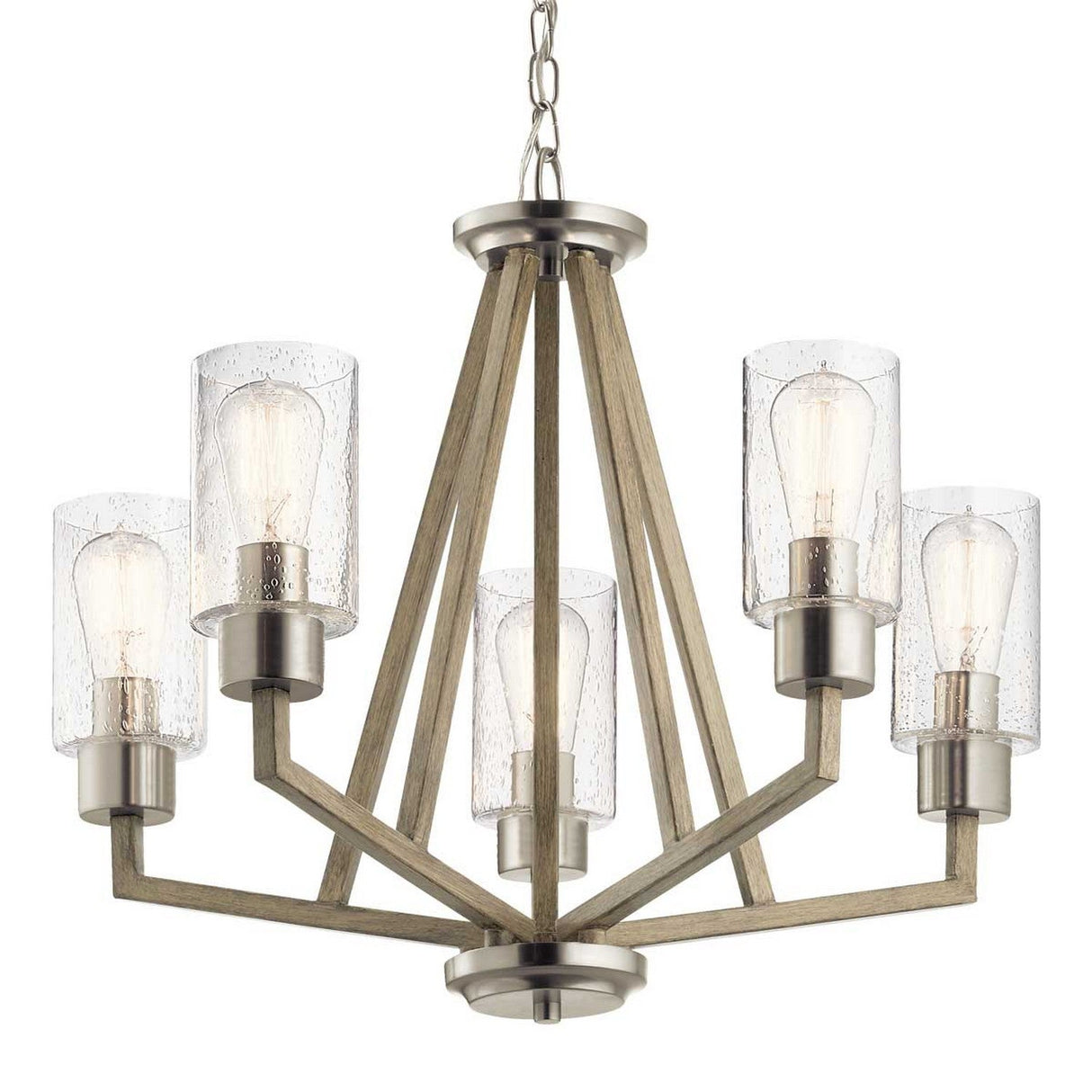 The Deryn 5 Light Chandelier - Antique Grey showcases a contemporary design with a geometric wooden frame and five glass-encased light bulbs arranged in a circular pattern. Exuding rustic allure, it features an antique grey finish and includes a metal chain for hanging.