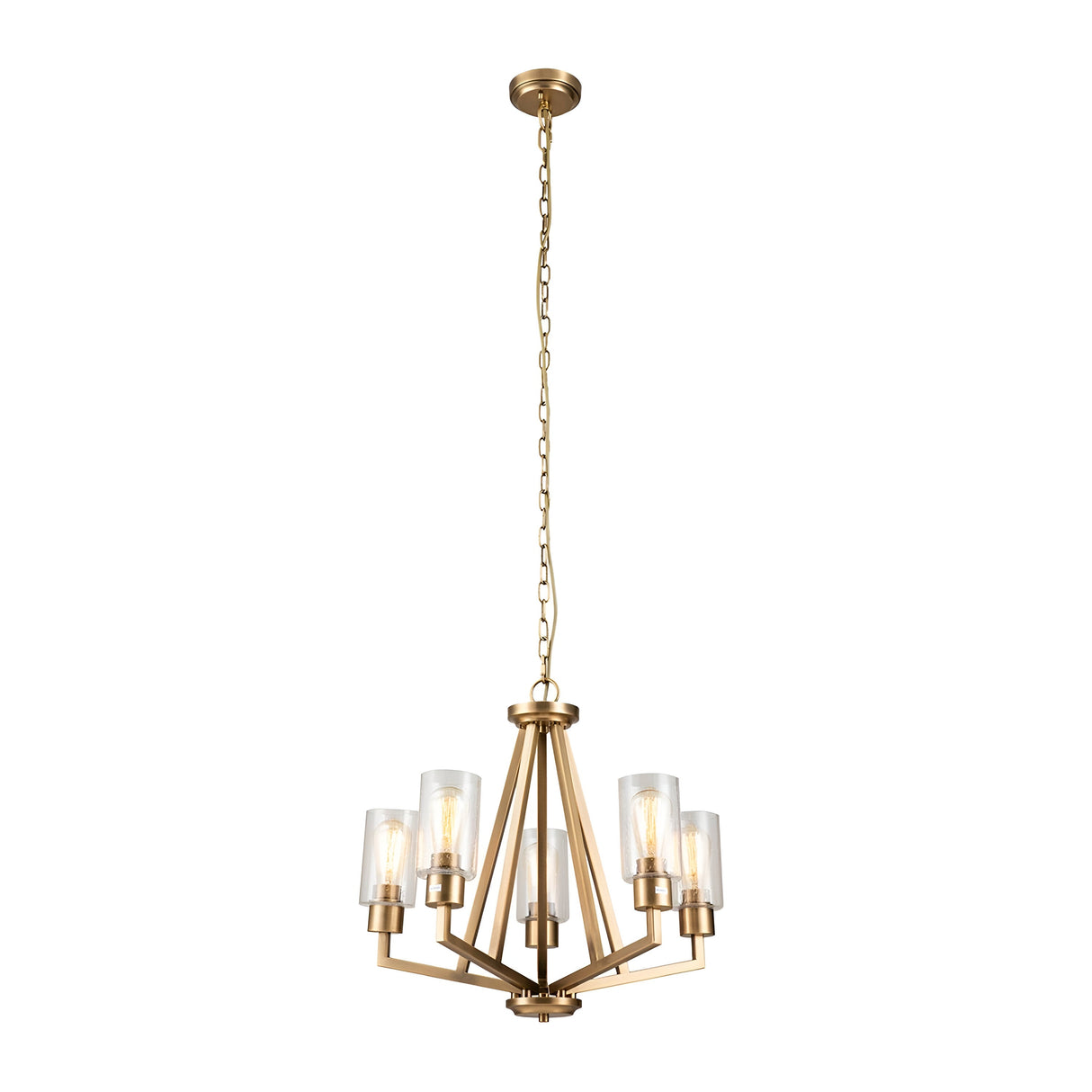 The Deryn 5 Light Chandelier in Natural Brass showcases a modern design suspended from a chain, perfectly embodying rustic coastal decor. It includes five upward-facing seeded glass cylinder shades, each encasing a light bulb to create an elegant and stylish lighting fixture against a plain white background.