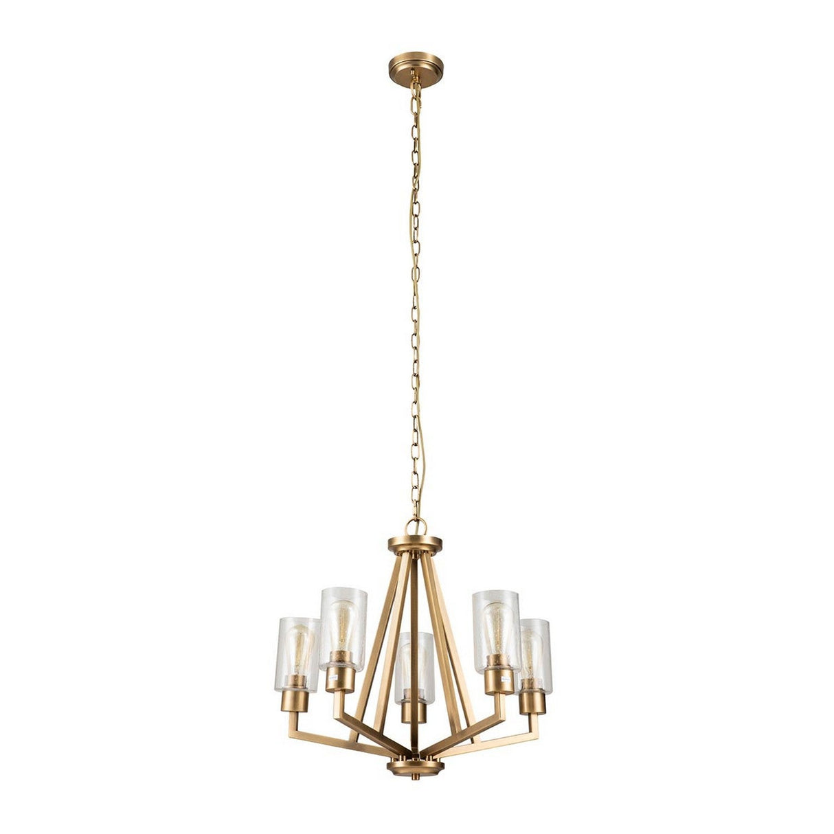 The Deryn 5 Light Chandelier in natural brass features six cylindrical glass shades, each accommodating a candle-style light bulb. Its modern and elegant design is accentuated by seeded glass accents. The chandelier is suspended from a gold chain that connects to a circular ceiling mount.