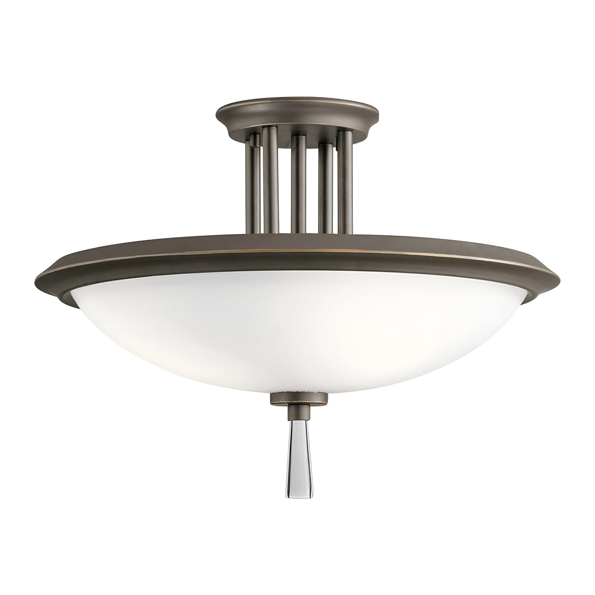 The Dreyfus 3 Light Semi Flush in Olde Bronze showcases a frosted glass bowl with a decorative finial beneath, featuring a modern design with vertical metal rods supporting the bowl from the circular base and elegantly accented with an optical crystal detail.