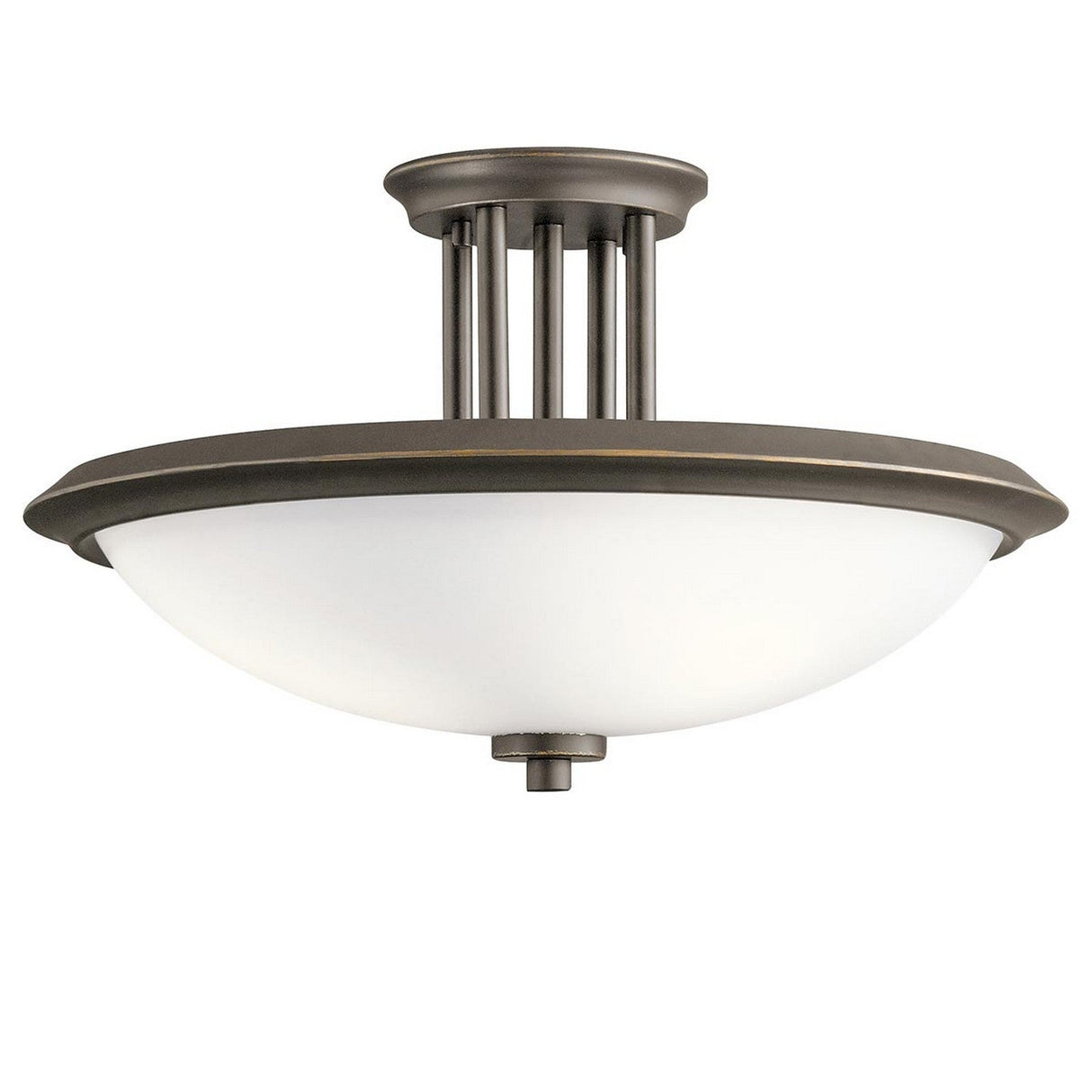The Dreyfus 3 Light Semi Flush in Olde Bronze showcases a frosted glass dome shade adorned with optical crystal accents. Its modern design is enhanced by vertical bar details that elegantly connect the base to the dome, creating a sleek and sophisticated appearance.