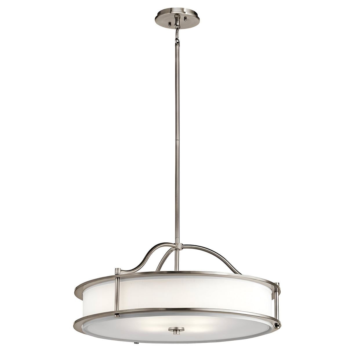 Introducing the Emory 4 Light Duo-Mount Chandelier in Silver, featuring a sleek and contemporary design. This modern ceiling fixture boasts a round, white shade complemented by brushed silver finish accents and is suspended from a straight rod, making it perfect for enhancing kitchen or dining room settings.