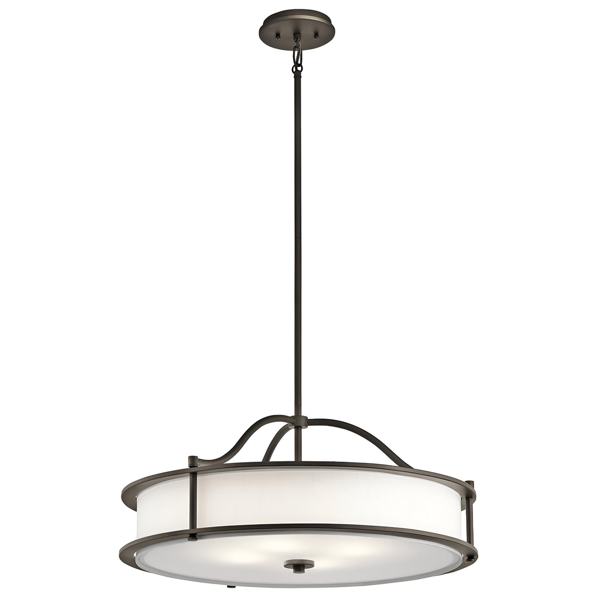 Introducing the Emory 4 Light Duo-Mount Chandelier in Olde Bronze, a contemporary pendant light featuring a circular frosted glass shade and a sleek metal frame. This chandelier is suspended from a slender rod and showcases minimalist, clean lines.