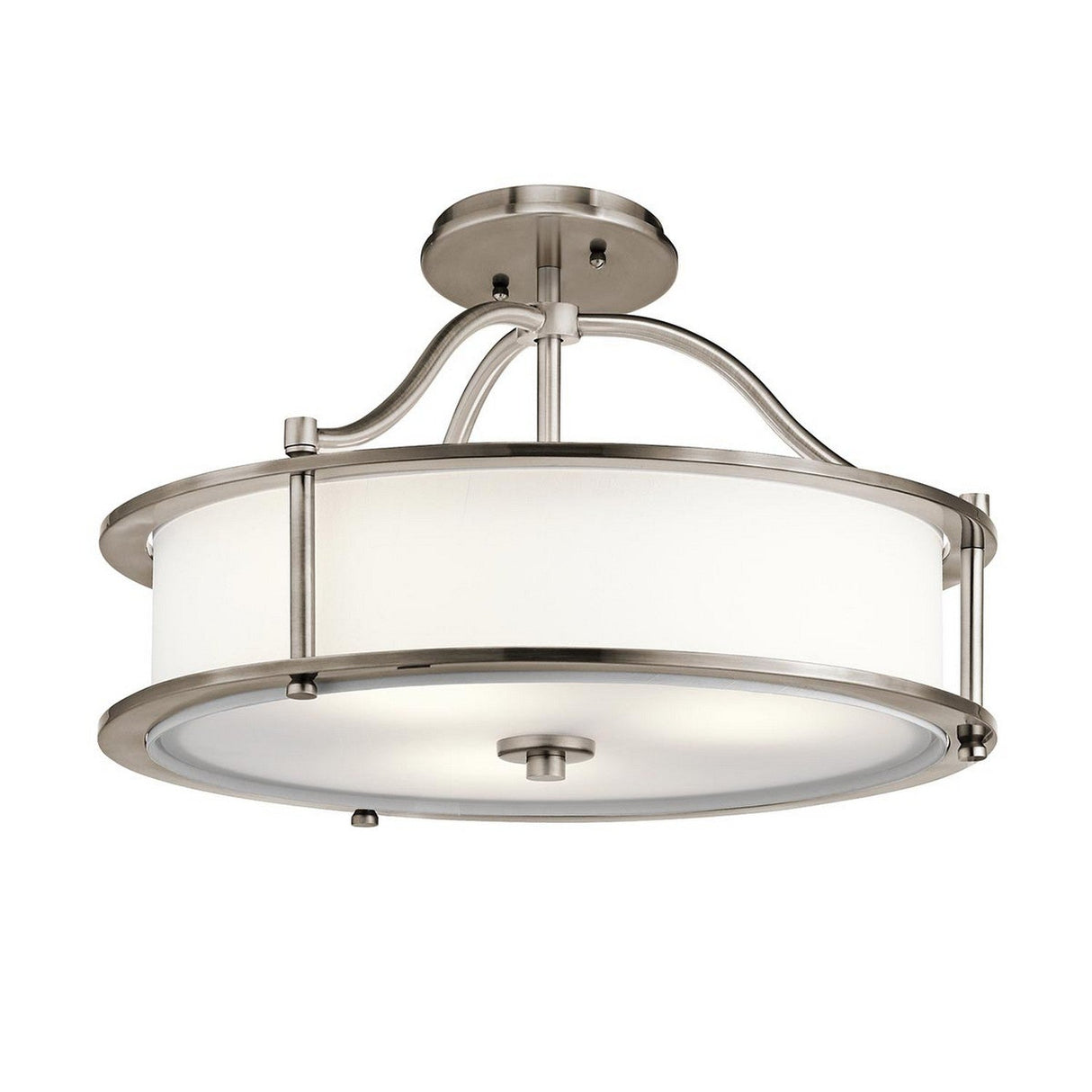 Presenting the Emory 3 Light Duo-Mount Pendant/Semi-Flush in Silver, a contemporary semi-flush mount ceiling light with a circular white shade and elegant curved metal accents.