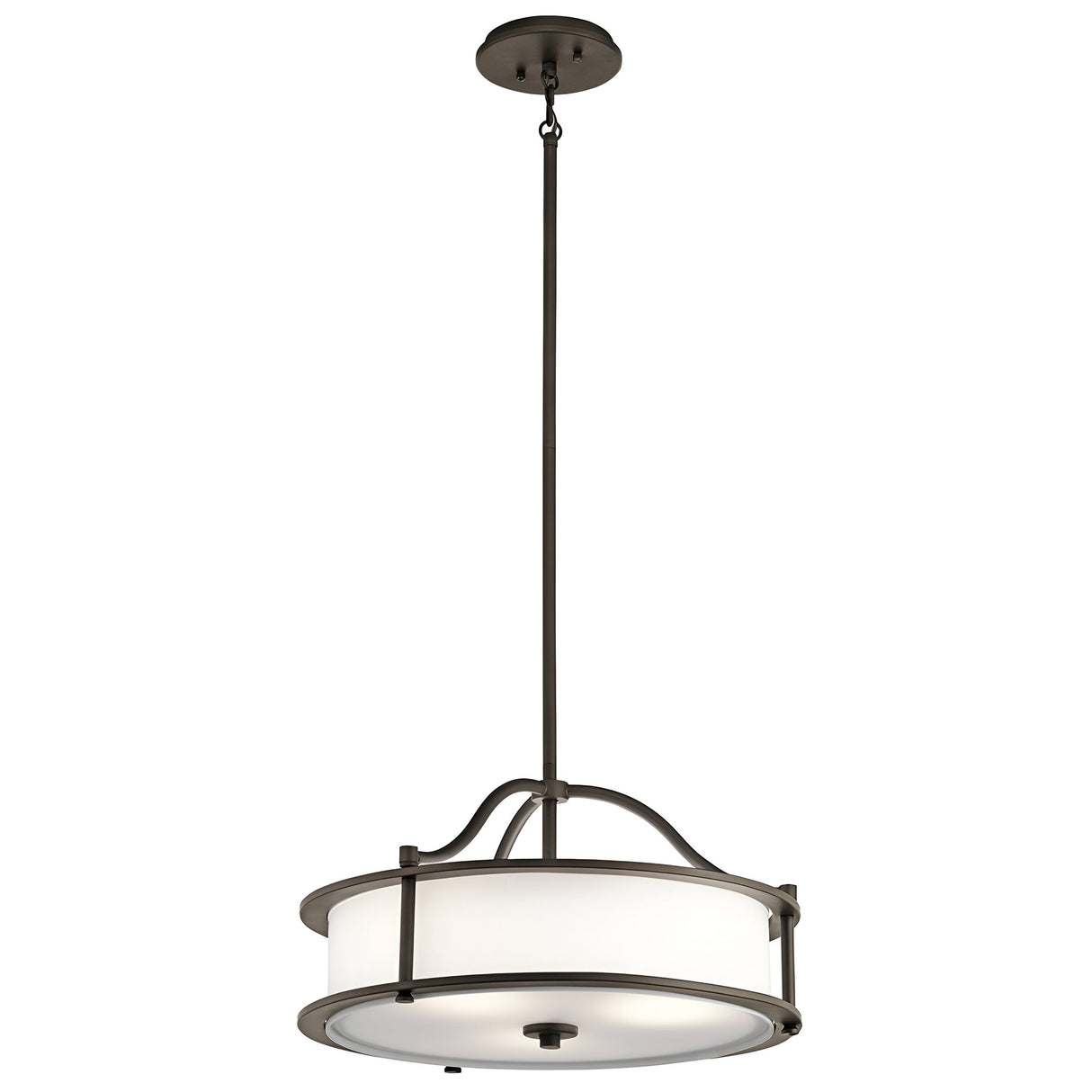 The Emory 3 Light Duo-Mount Pendant/Semi-Flush in Olde Bronze boasts a sleek, contemporary style with its elegant round frosted glass shade, elongated rod support, and circular ceiling mount.