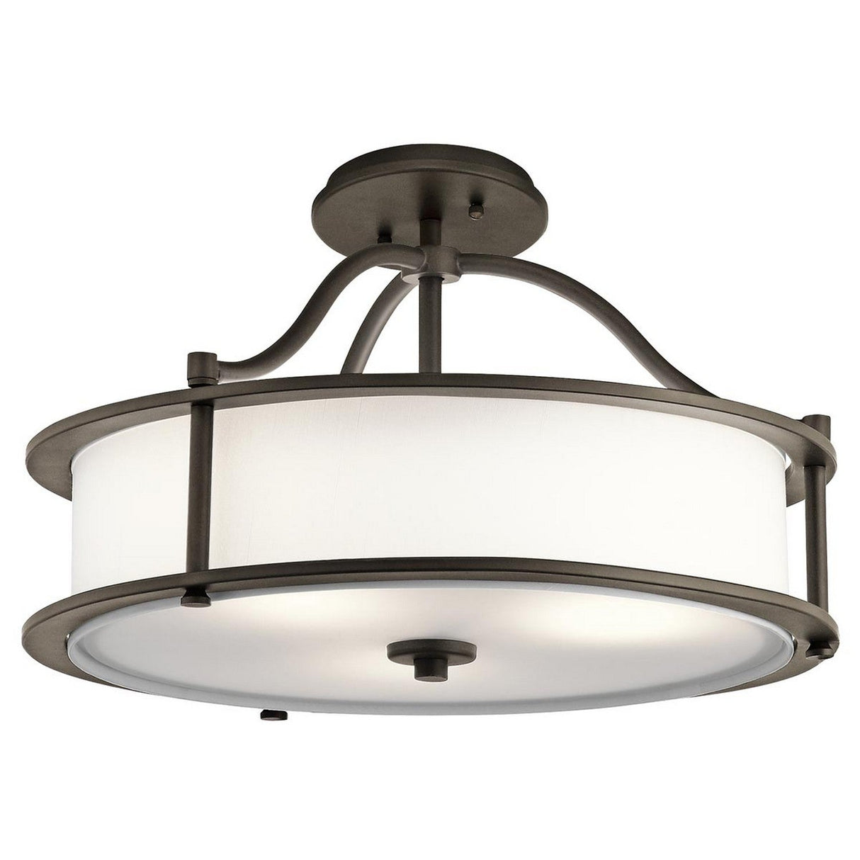 The Emory 3 Light Duo-Mount Pendant/Semi-Flush features a circular white fabric drum shade and a metal frame. This contemporary lighting design includes a rounded base with simple, modern details, accentuated by an Olde Bronze finish, providing soft, ambient illumination.