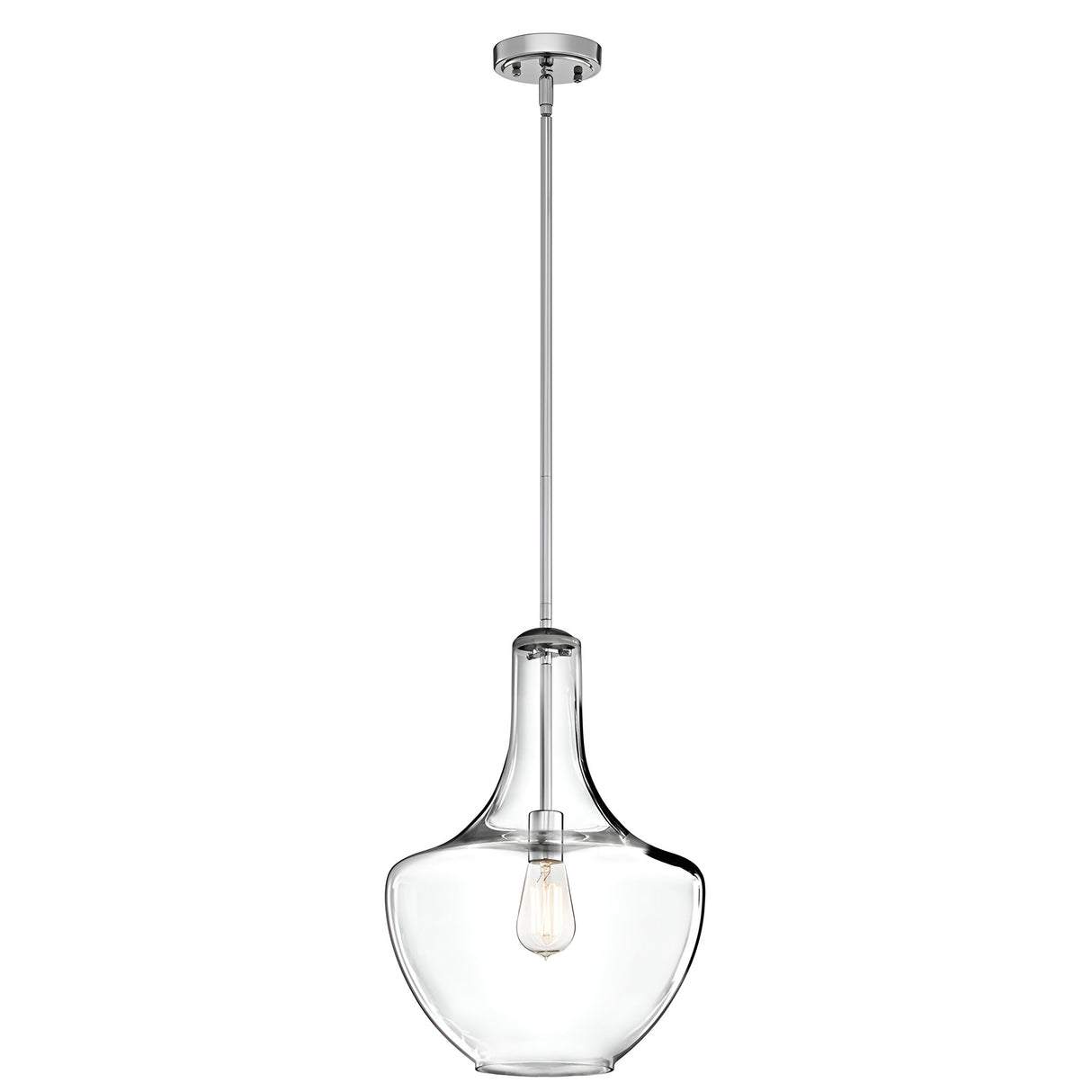 The Everly 1 Light Medium Pendant - Chrome features a sleek modern chrome design with a clear glass shade that beautifully displays a vintage-style LED filament bulb. It is suspended from the ceiling by an elegant silver rod, highlighting its contemporary, minimalist curved shape that seamlessly merges classic and modern styles.
