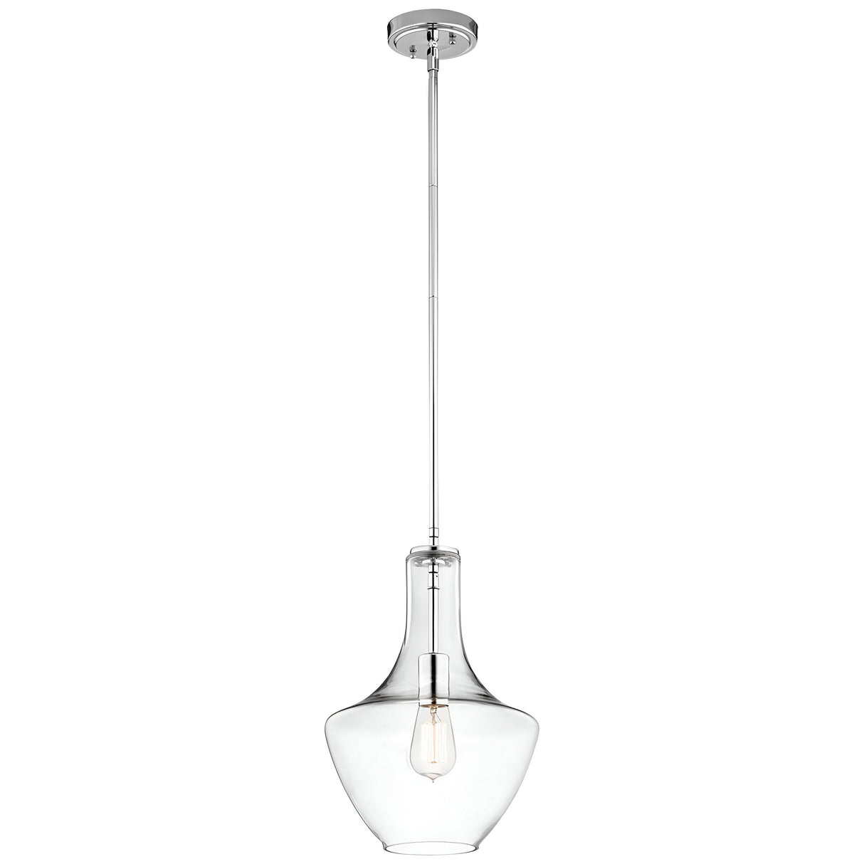 The Everly 1 Light Small Pendant - Chrome features a modern design with a clear glass shade and chrome finish, hanging from a sleek metal rod. Its transparent shade elegantly showcases a single exposed bulb, making it an ideal addition for vintage-inspired decor.