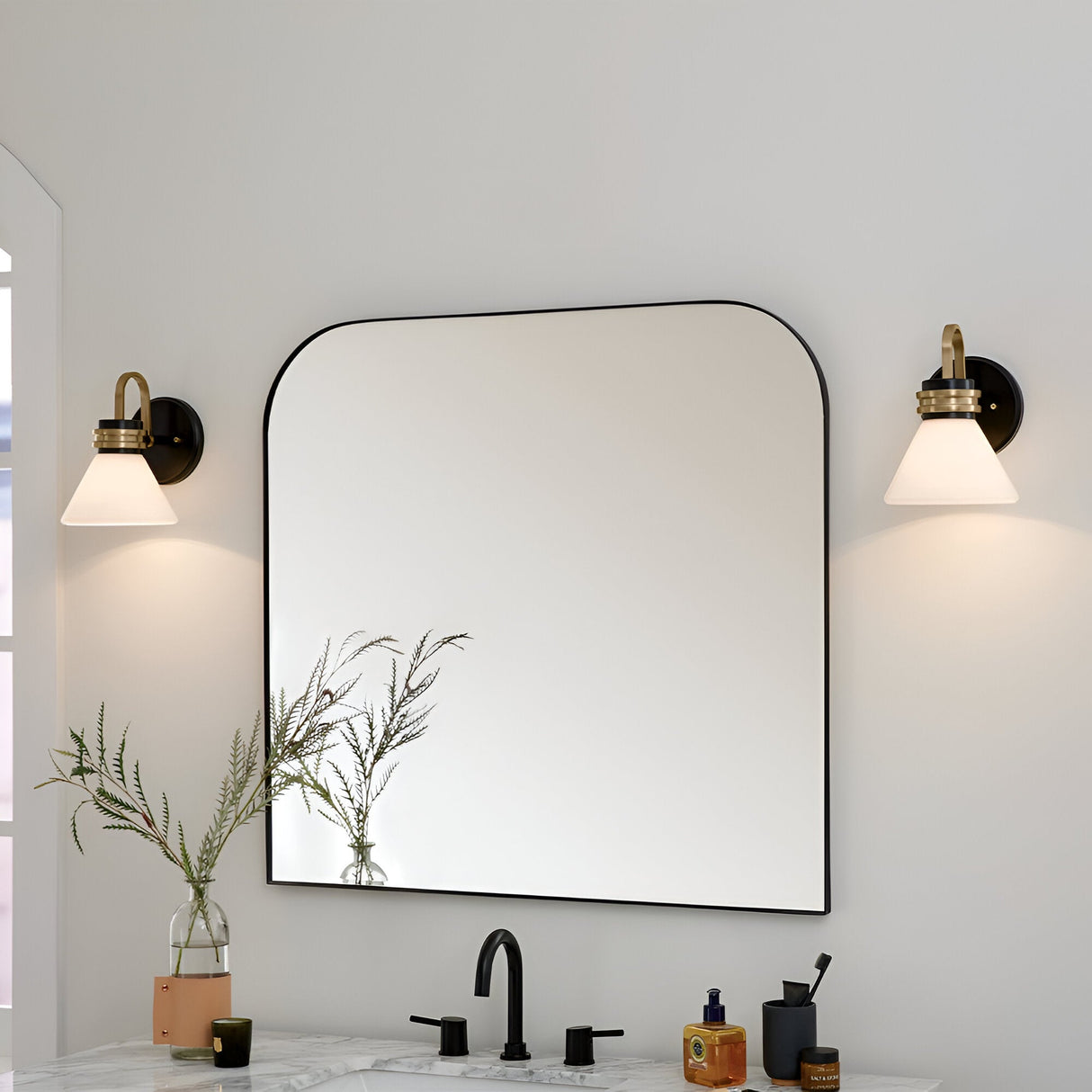 Farum 1 Light Bathroom Opal Glass Wall Light - Black/Champagne