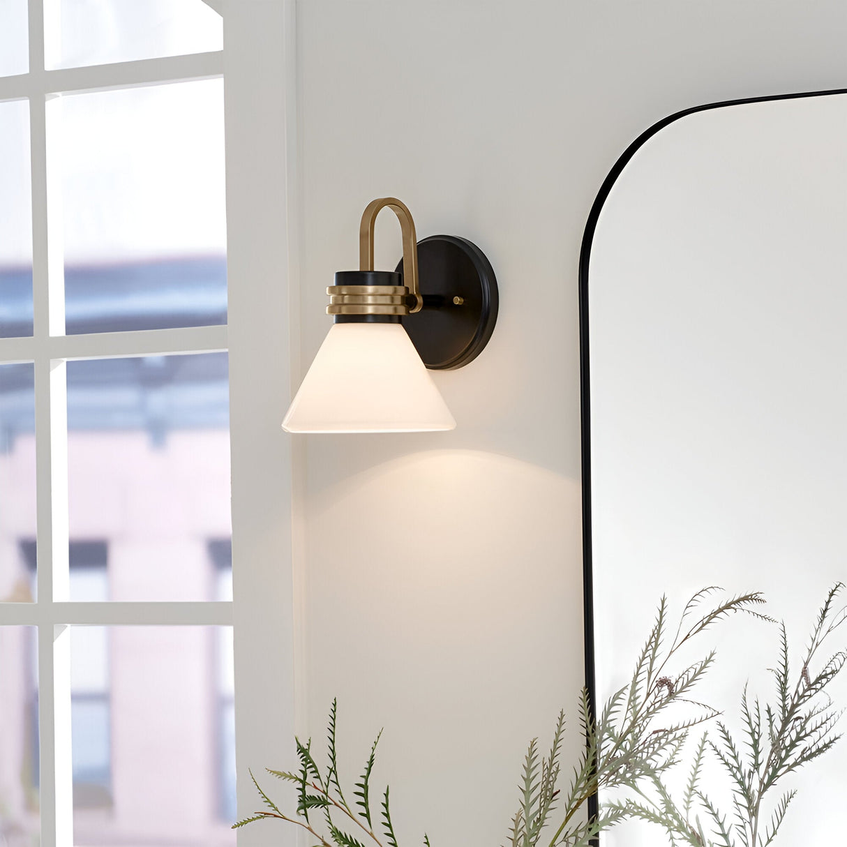 Farum 1 Light Bathroom Opal Glass Wall Light - Black/Champagne