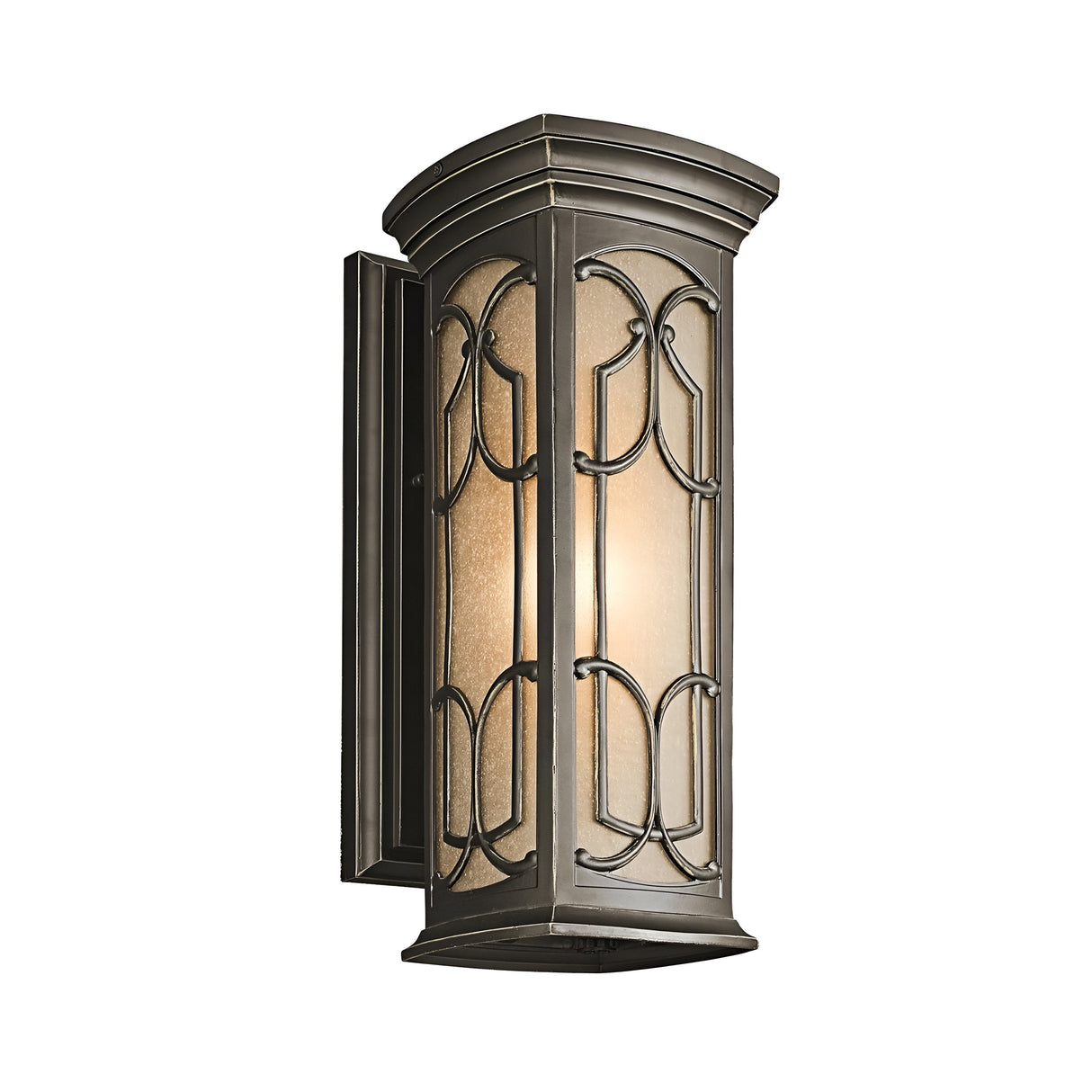 The Franceasi Outdoor 1 Light Medium Wall Lantern in Olde Bronze showcases intricate metalwork with elegant curves and amber-tinted glass panels. Its beautifully crafted design adds a classic touch, softly illuminating the surrounding area with its inner light.