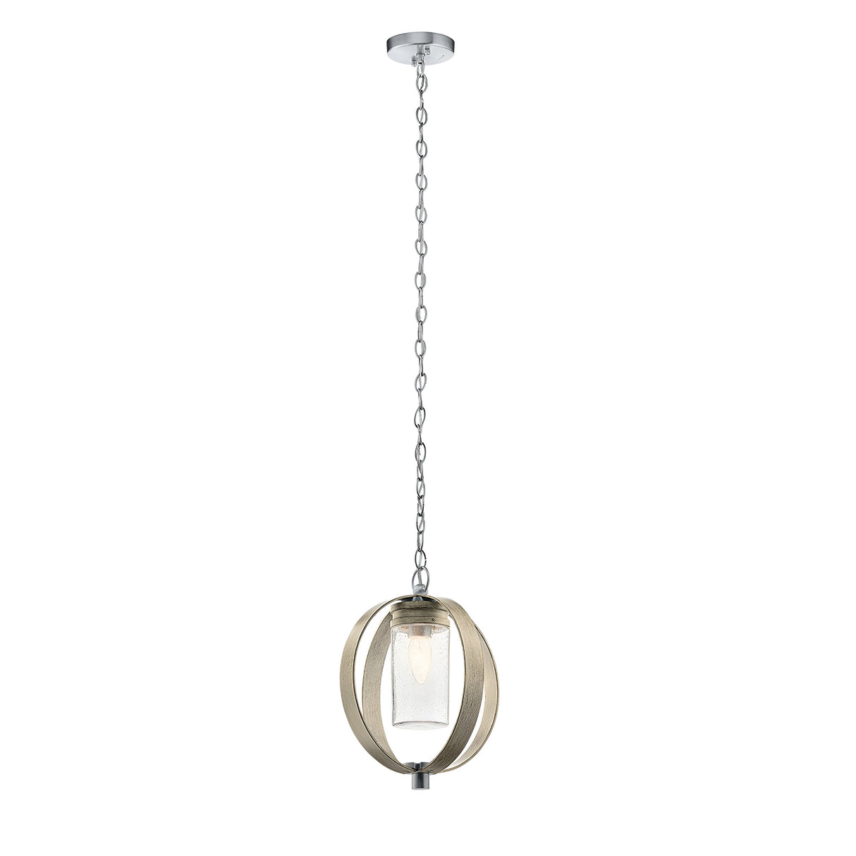 Experience the contemporary and sleek design of the Grand Bank Outdoor 1 Light Pendant, featuring an elegant metallic chain and a bulb housed within a curved, open-frame structure. Its antique grey and brushed aluminum finish enhances its weather-resistant construction, making it a perfect addition to any modern outdoor space.