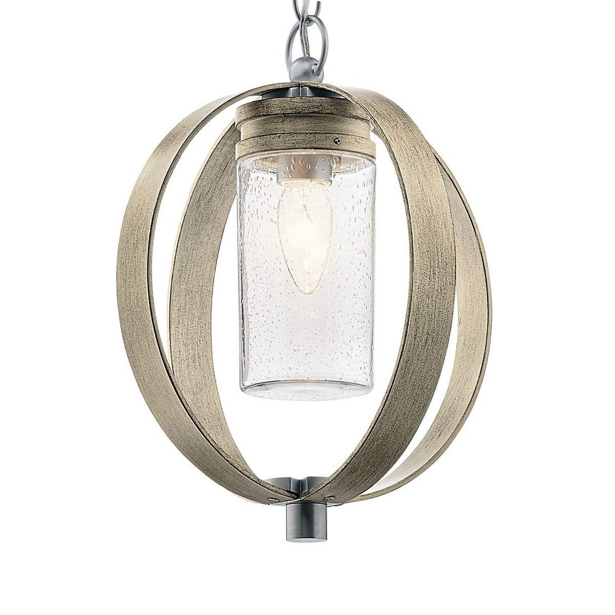 The Grand Bank Outdoor 1 Light Pendant in Antique Grey & Brushed Aluminium is a modern design featuring a round, metallic frame with a central glass cylinder encasing a single bulb. Its weather-resistant construction, highlighted by elegant curved metal bands, adds sophistication to any outdoor setting.