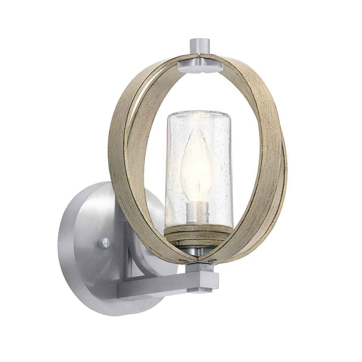The Grand Bank Outdoor 1 Light Wall Light - Antique Grey & Brushed Aluminium showcases a modern design with a circular brushed metal frame and an antique grey and wooden finish that encases a cylindrical glass cover. IP44 rated, it features a single bulb that emits a warm glow, elegantly mounted on a round metal base.