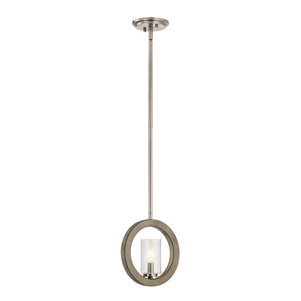 Introducing the Grand Bank 1 Light Wall Light in Antique Grey, featuring a modern design with a circular frame surrounding a single bulb. This fixture hangs elegantly from a sleek metal rod and beautifully combines metallic elements with wood-like textures. Its Antique Grey finish adds rustic charm for a contemporary aesthetic.