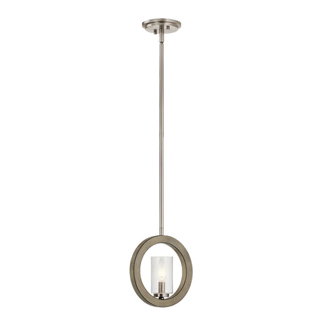 Introducing the Grand Bank 1 Light Wall Light in Antique Grey, featuring a modern design with a circular frame surrounding a single bulb. This fixture hangs elegantly from a sleek metal rod and beautifully combines metallic elements with wood-like textures. Its Antique Grey finish adds rustic charm for a contemporary aesthetic.