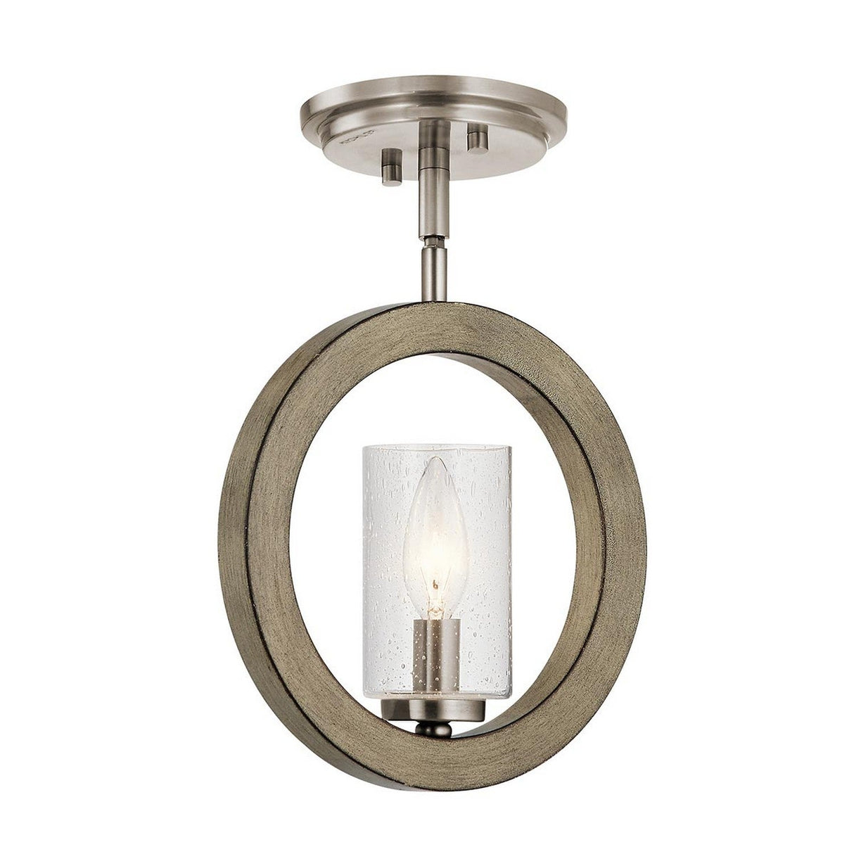 The Grand Bank 1 Light Wall Light - Antique Grey exudes rustic charm with its circular wooden frame that surrounds a clear glass cylinder containing a single light bulb. The metal mount and holder, finished in brushed nickel with touches of antique grey, enhance the design for a modern yet timeless appeal.