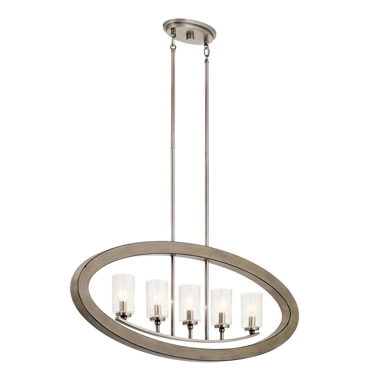Introducing the Grand Bank 5 Light Chandelier in Antique Grey, featuring a sleek oval metal frame with five bulbs encased in clear glass. This chandelier is suspended by two metal rods and seamlessly blends contemporary and industrial styles. Its brushed nickel finish adds to its rustic charm.