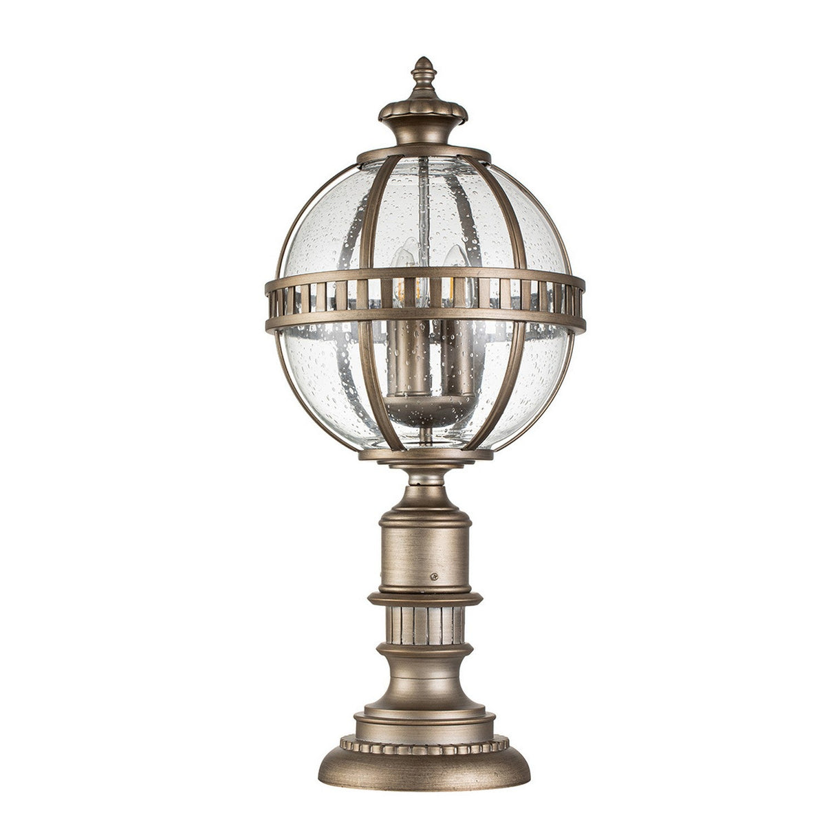 The Halleron Outdoor 3 Light Pedestal Pendant - Burnished Bronze is a Victorian Era lighting piece featuring a round glass globe, encased in burnished bronze metal bands and mounted on a decorative pedestal base. Its textured glass finish accentuates its classic and elegant charm.