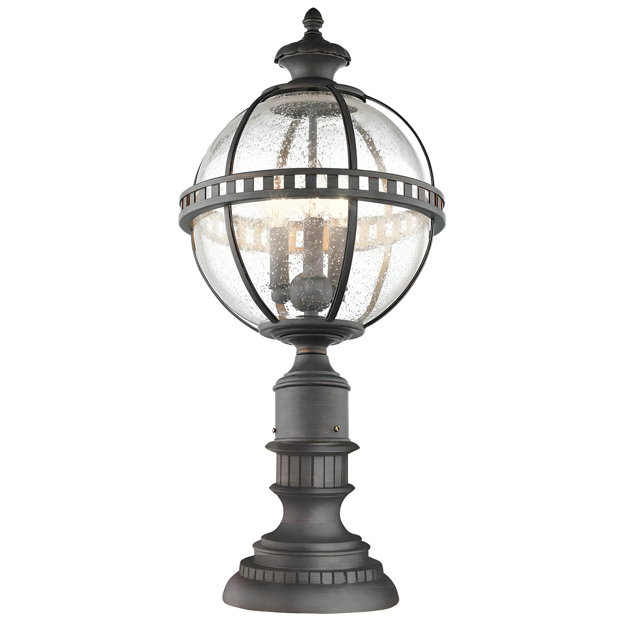 The Halleron Outdoor 3 Light Pedestal Lantern in Grey offers a Victorian-inspired design with a spherical glass enclosure accented by metal on a sturdy base, embodying a classic vintage style. The bulbs inside the glass are visible, and the fixture has an IP44 rating for dependable use in different weather conditions.