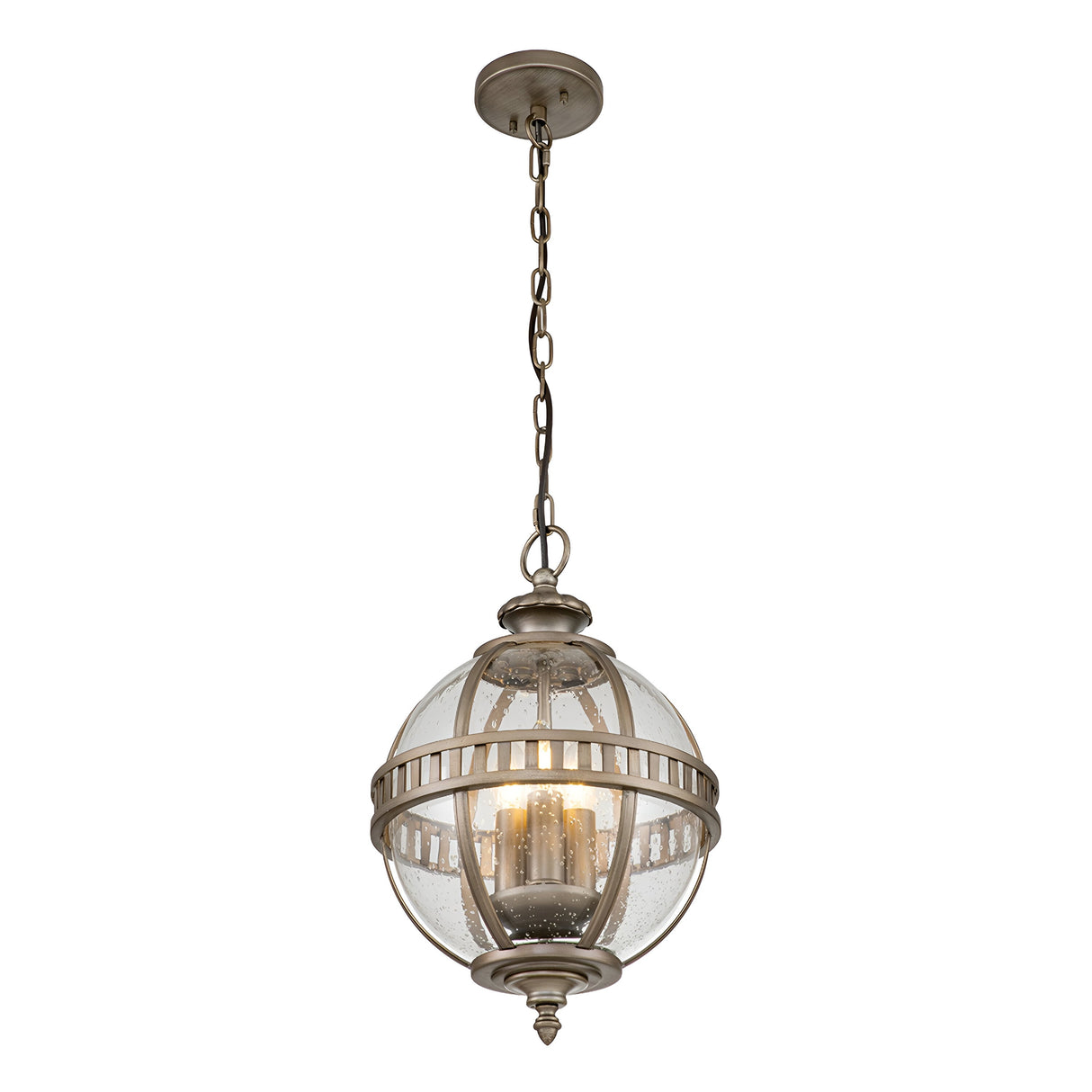 A Victorian-inspired lantern featuring a spherical glass shade and metal accents, the Halleron Outdoor 3 Light Chain Pendant in Burnished Bronze showcases a classic, elegant design with its antique finish and chain suspension.