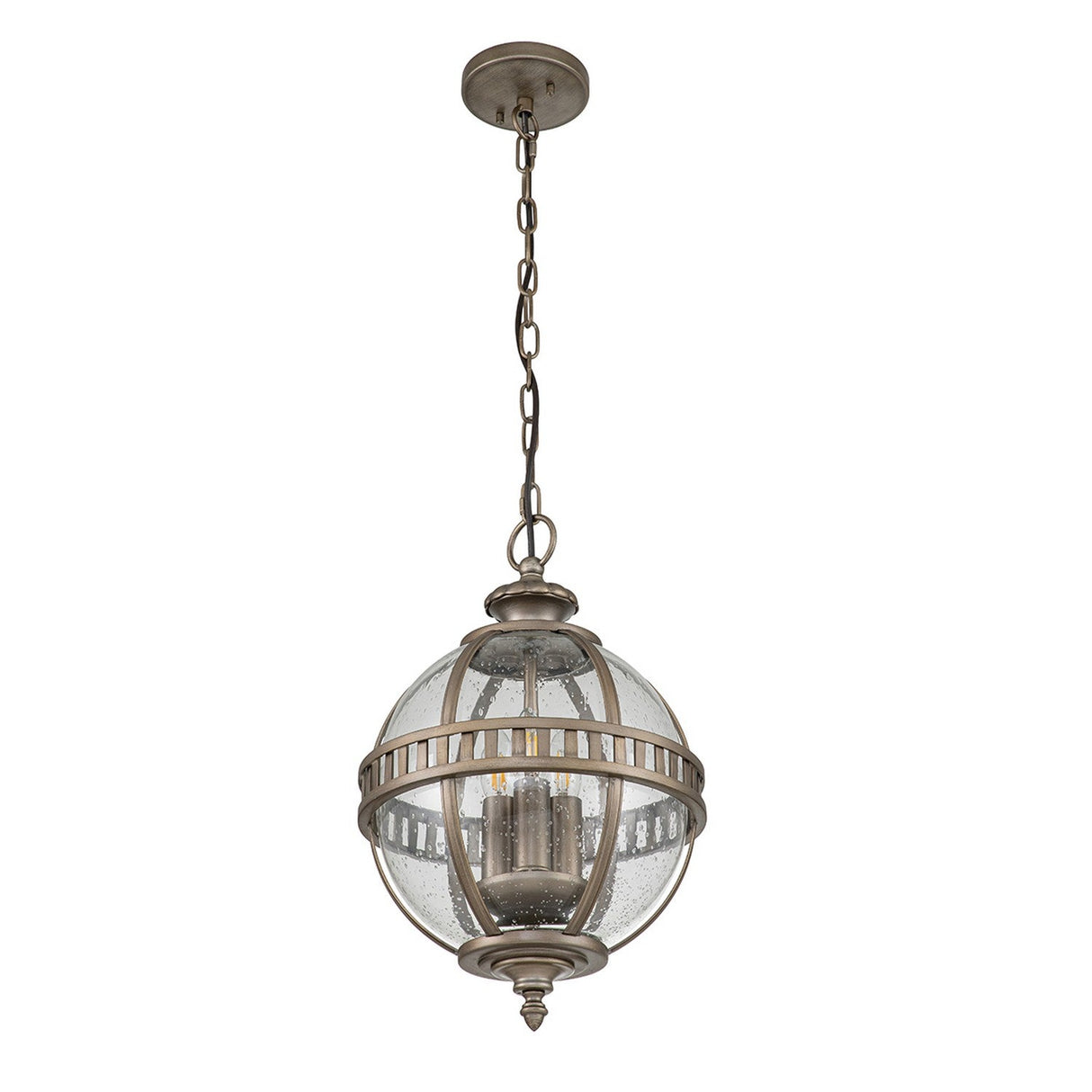 The Halleron Outdoor 3 Light Chain Pendant in burnished bronze offers a Victorian-inspired aesthetic, showcasing a vintage style with its spherical glass shade and metal accents. The design includes three candle-like bulbs, all elegantly suspended by a chain and round ceiling mount.