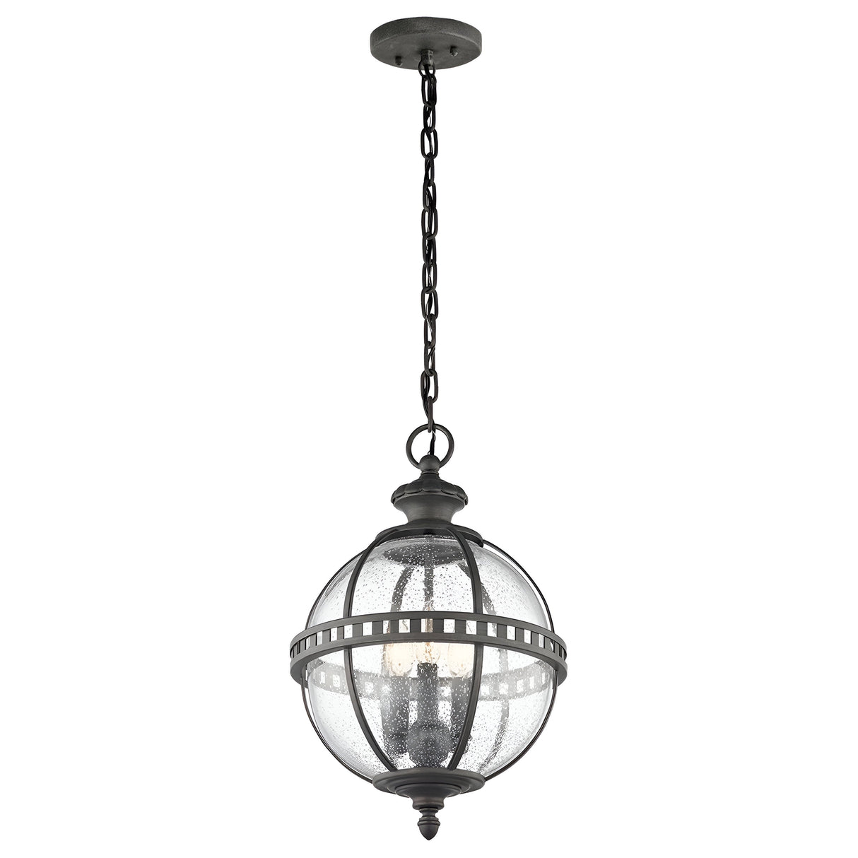 The Halleron Outdoor 3 Light Chain Lantern - Grey features a Victorian-inspired design with a round pendant, adorned with a grey metal frame and clear glass panels. It hangs elegantly from a chain, highlighting its vintage charm with visible light bulbs inside.