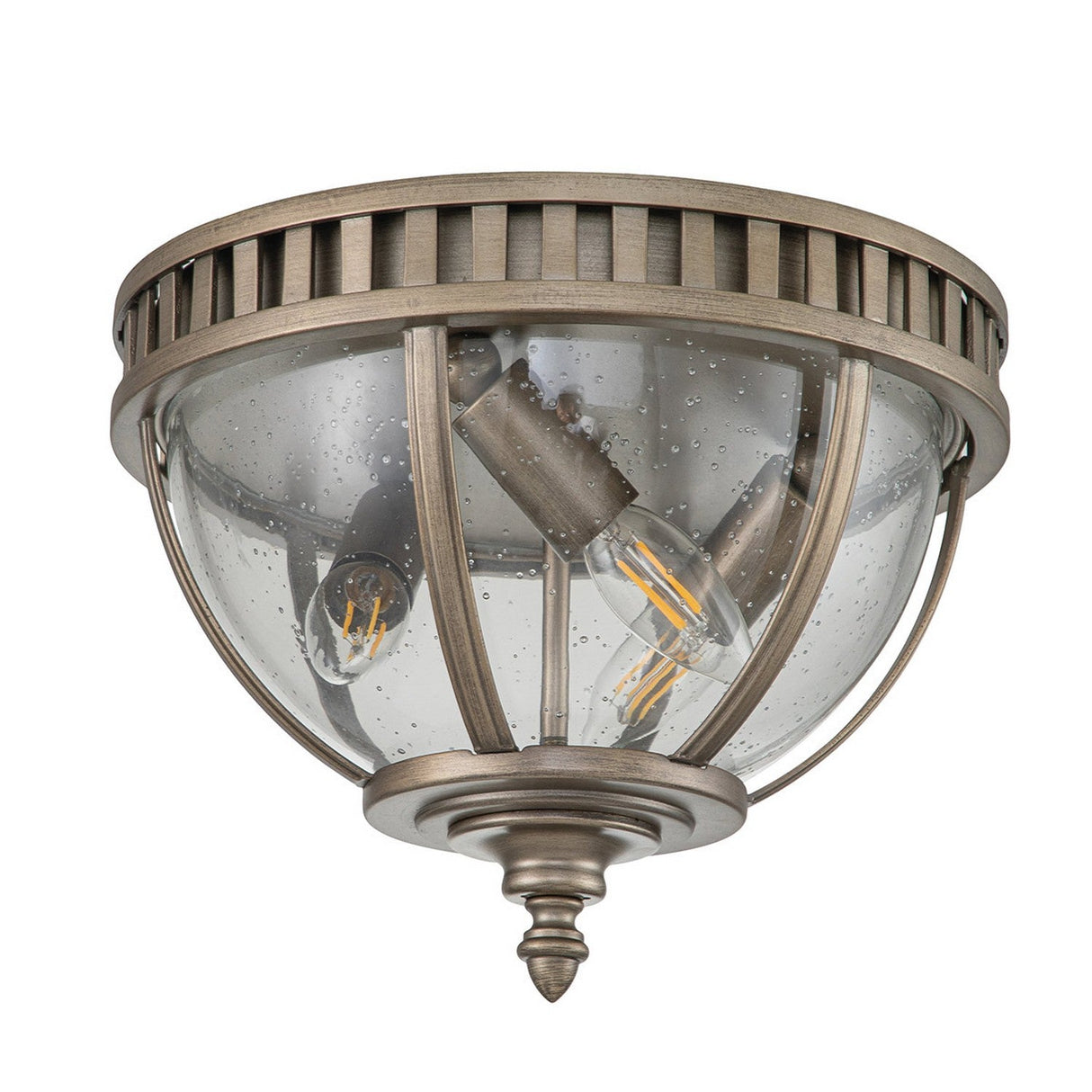 The Halleron Outdoor 3 Light Ceiling Flush in Burnished Bronze showcases a Victorian-style design with a round metal frame and a clear, textured glass cover. It accommodates three exposed light bulbs and includes a decorative finial at the bottom, making it an ideal choice for enhancing any space with timeless elegance.