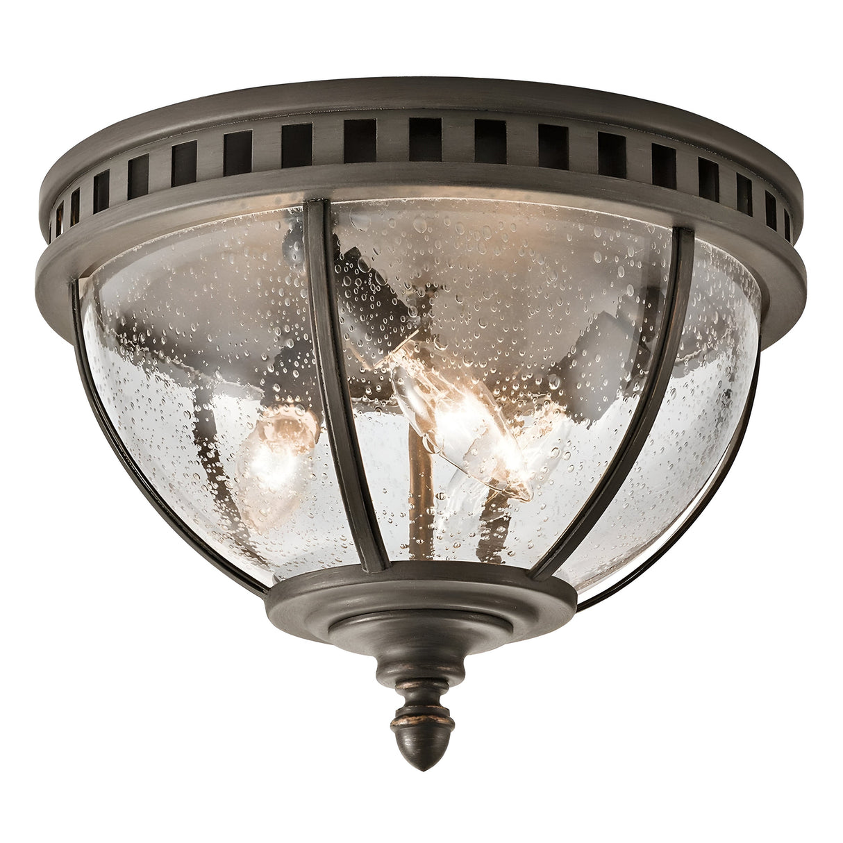 The Halleron Outdoor 3 Light Ceiling Flush - Bronze features an elegant bronze finish with Edison-style bulbs and a speckled glass dome. Its Victorian-inspired design includes metal bars that radiate from the central point, forming a semi-circular pattern on the glass.