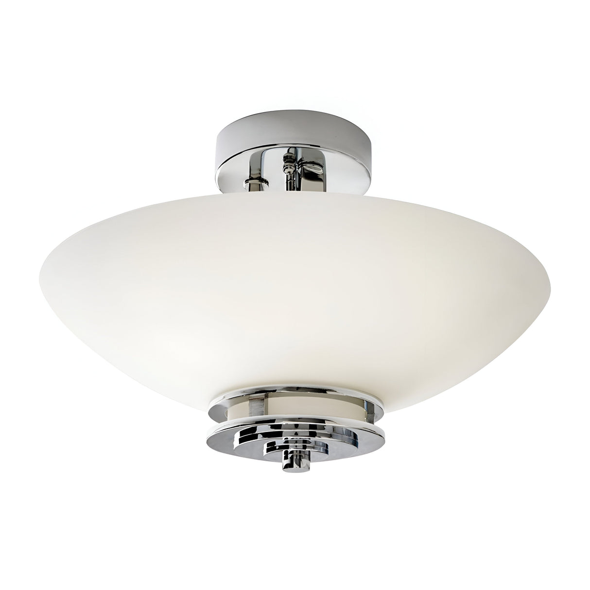 The Hendrik 3 Light Semi Flush - Polished Chrome features a polished chrome base and a wide, curved white frosted glass shade, making it perfect for bathroom lighting with its contemporary minimalist design.