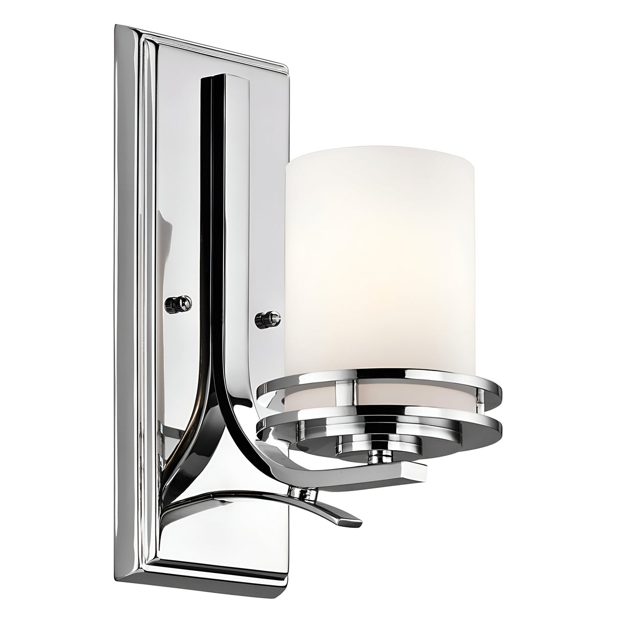 The Hendrik 1 Light Wall Light in polished chrome showcases a sleek design with a cylindrical frosted glass shade. It boasts a rectangular backplate and elegantly curved arm, offering modern elegance and an ideal lighting solution for your bathroom.