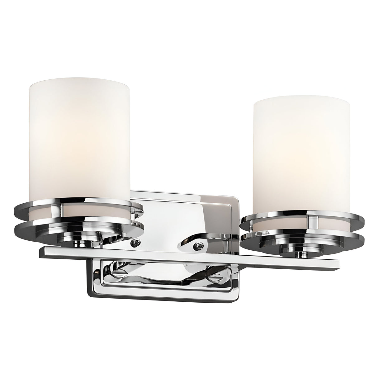 The Hendrik 2 Light Wall Light - Polished Chrome is a contemporary fixture featuring two frosted glass shades and a polished chrome base, accented by sleek circular designs. Its symmetrical and modern style makes it ideal for bathroom lighting or enhancing any hallway.
