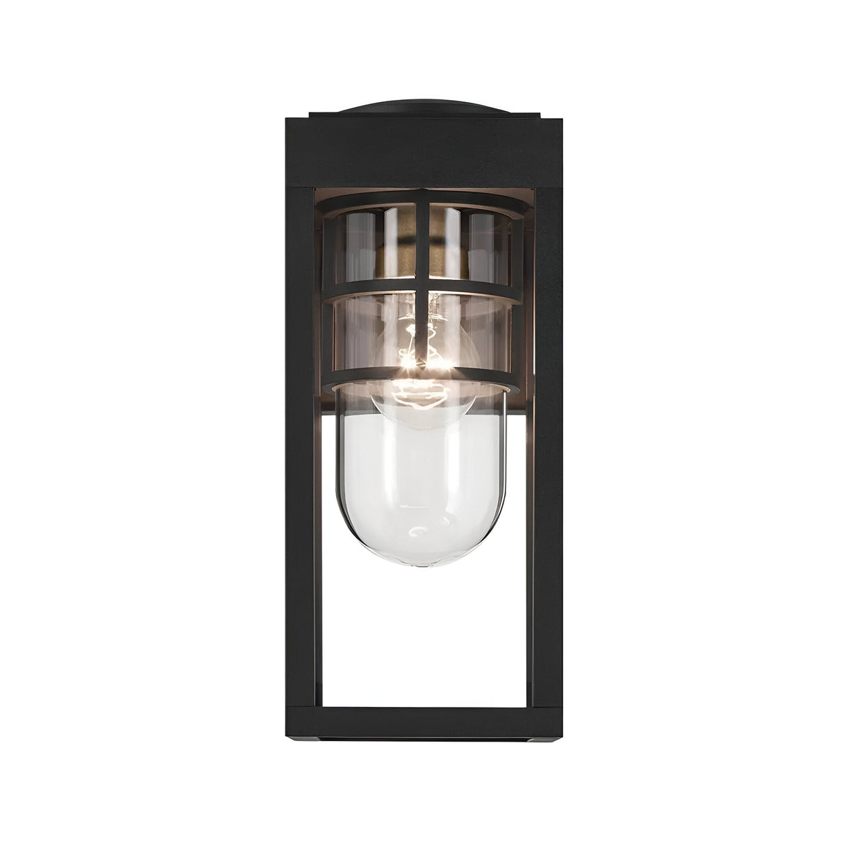 The Hone Coastal 1 Light Small Outdoor Wall Lantern in black features a clear glass bulb cover and horizontal metal accents. Shown lit against a white background, the weather-resistant fixture beautifully illuminates the glass.