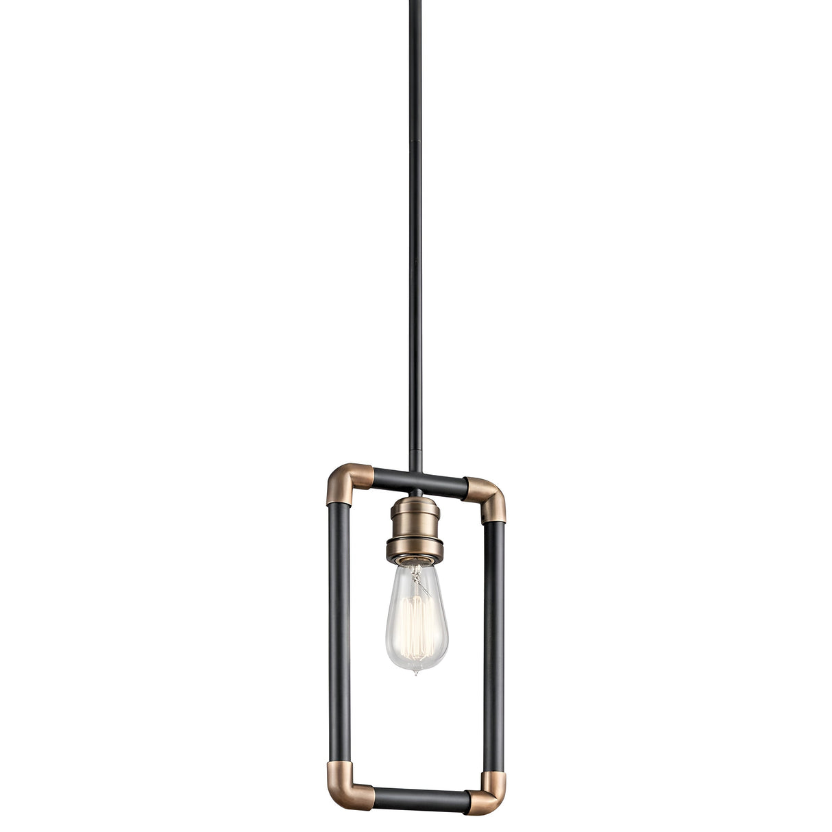 The Imahn 1 Light Mini Pendant - Black & Natural Brass features a contemporary exposed Edison-style LED filament bulb encased in a sleek rectangular black and bronze metal frame. This design combines minimalist elements with industrial flair, suspended elegantly from a slim black cord.