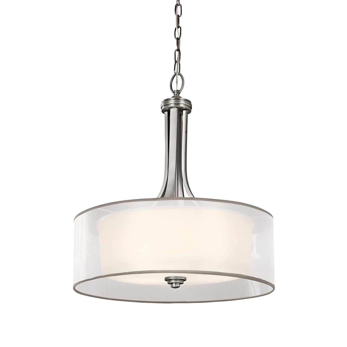 The Lacey 4 Light Large Pendant - Silver features a contemporary double-shade design with a transparent outer glass shade and an opaque inner drum shade, elegantly suspended from a silver chain and rod to offer ambient lighting with sophistication.