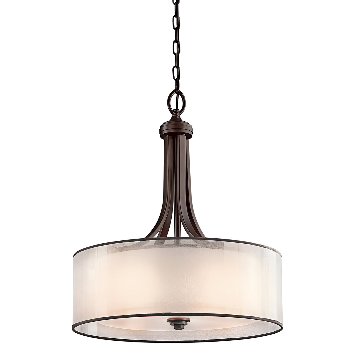 The Lacey 4 Light Large Pendant in Bronze features a modern double-shade design with a translucent white drum, elegantly suspended by a chain. Its sleek and contemporary style makes it perfect for various interior settings.