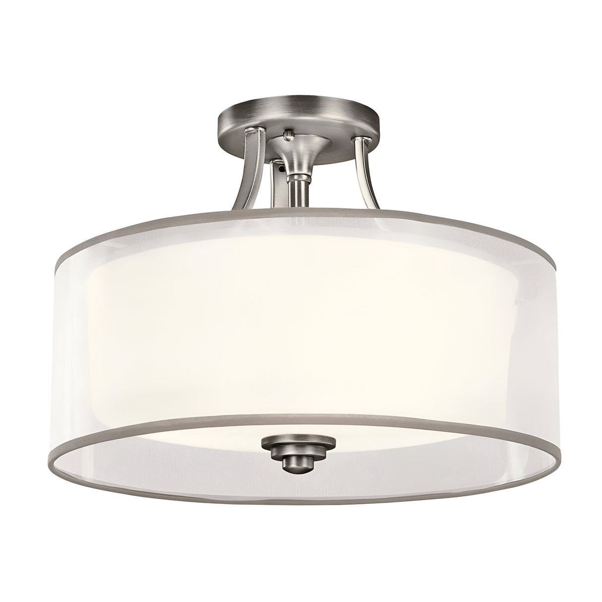 Product Description: The Lacey 3 Light Small Semi Flush – Silver is a ceiling-mounted contemporary light fixture featuring a frosted glass drum shade with metallic accents and a circular design. It emits a layered glow and comes with a polished silver finish.