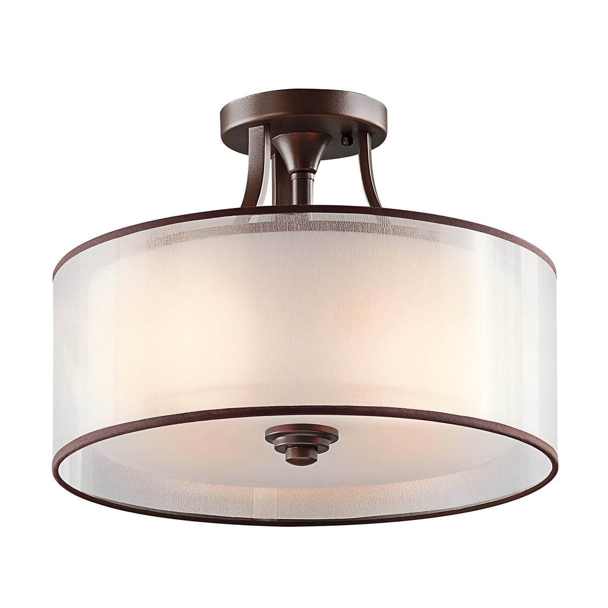 The Lacey 3 Light Small Semi Flush - Bronze features a double-shade design with a circular, drum-shaped white fabric shade and sleek metal accents, offering a modern and elegant style that is perfect for various interior settings.