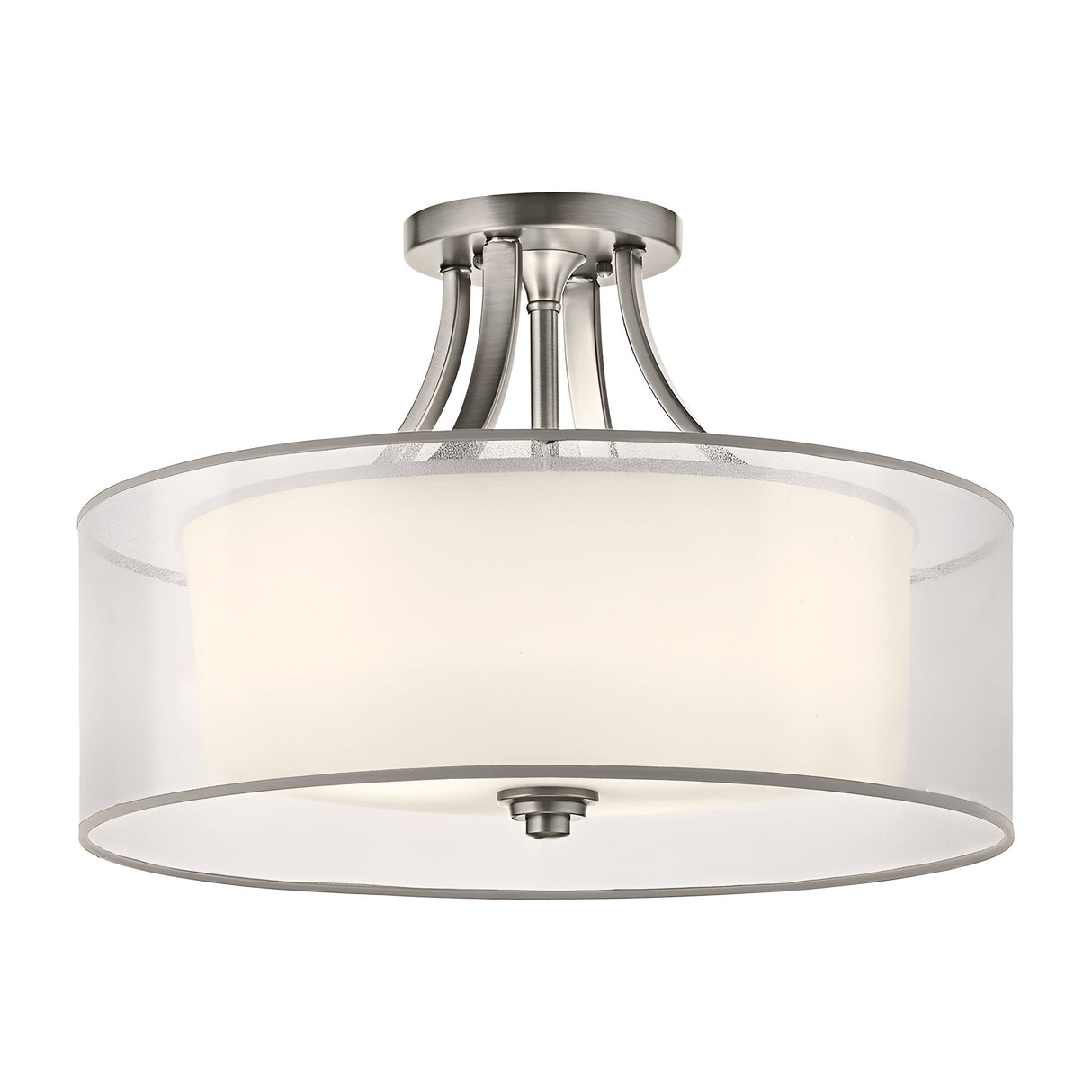 The Lacey 4 Light Semi Flush - Silver features a double-shade design with a modern flair. Its round, white fabric exterior pairs beautifully with a polished silver finish, while three gracefully curved arms extend to a central disc, offering an elegantly sleek lighting fixture for any contemporary setting.