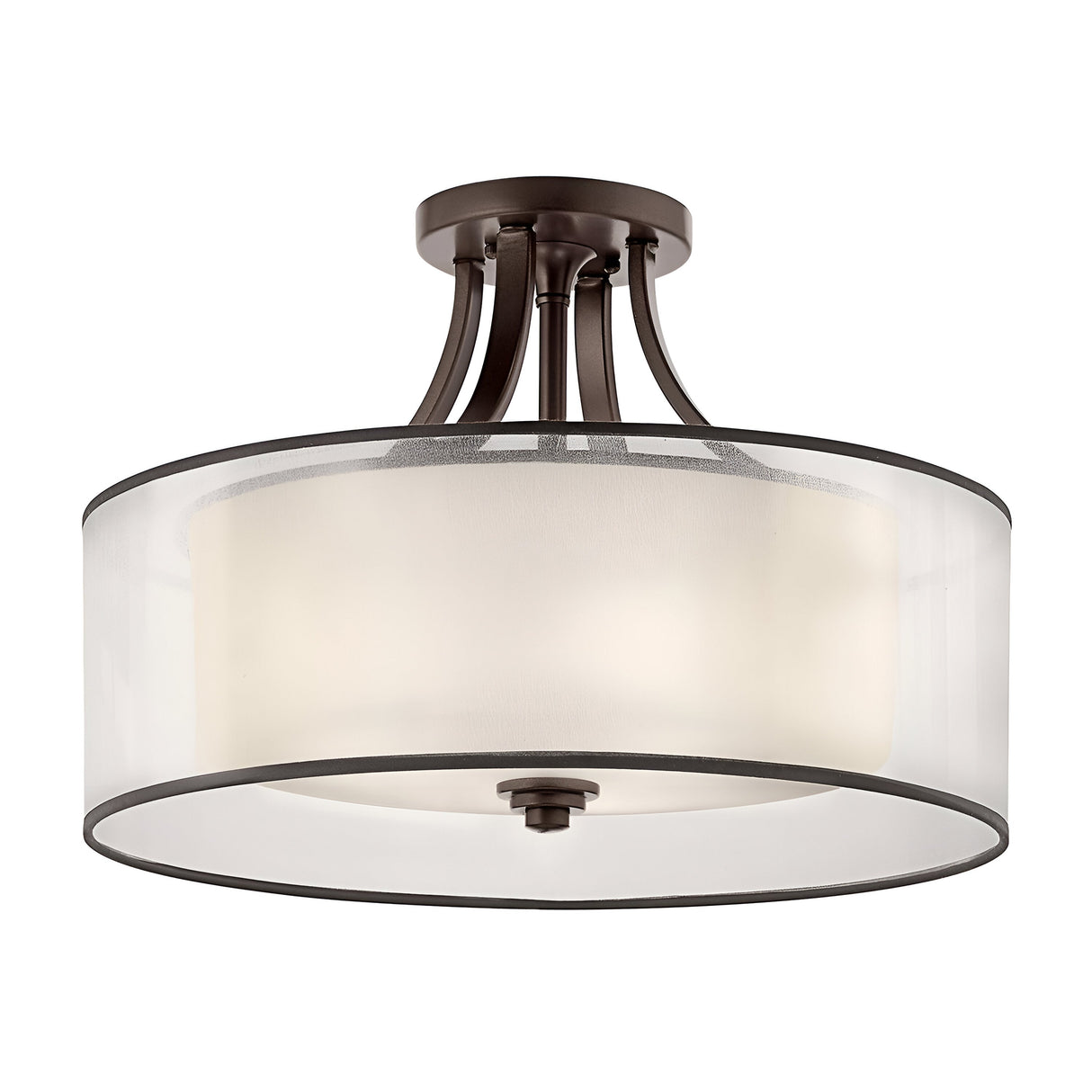 The Lacey 4 Light Semi Flush - Bronze is a contemporary ceiling light fixture featuring a circular bronze semi-flush mount. It elegantly combines an outer sheer fabric drum shade with an inner white cylindrical shade, creating a sophisticated double-shade design that tastefully encases the light bulbs.