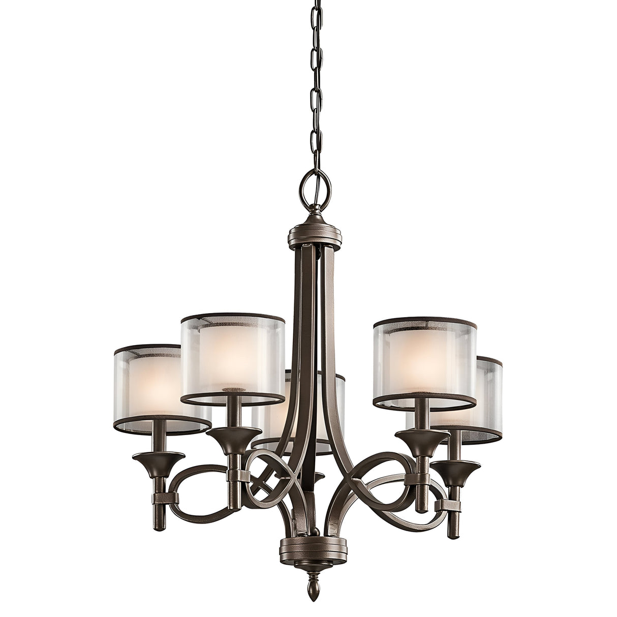 The Lacey 5 Light Chandelier - Bronze enhances this transitional interior with a chic double-shade design featuring five curved arms, each supporting a frosted glass cylinder. The fixture is elegantly suspended from a chain, providing a modern and sophisticated appearance.