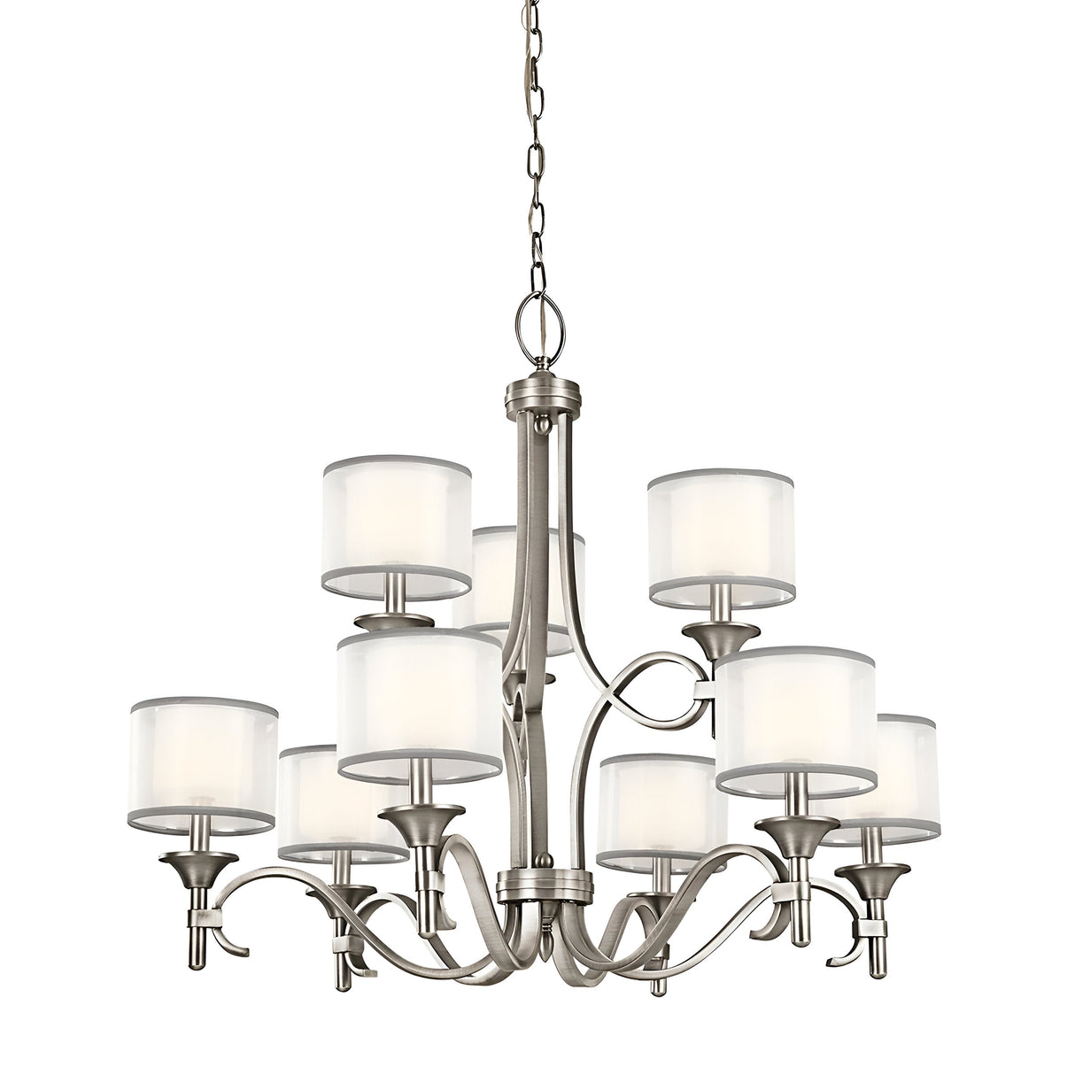 The Lacey 9 Light Chandelier - Silver showcases a stunning silver finish and features nine lights adorned with cylindrical frosted glass shades. Its elegant metal frame with gracefully curved arms is suspended by a chain, providing a modern dual-shade design that elevates any contemporary space.