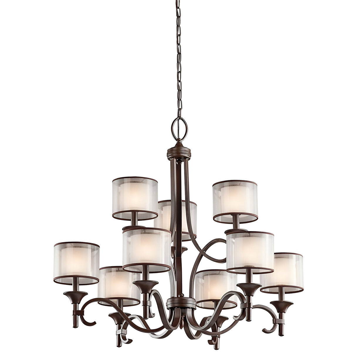 The Lacey 9 Light Chandelier in bronze showcases a stunning double-shade design with nine frosted glass shades arranged in two tiers. Its graceful hanging chain and elegantly curved arms lend a timeless style, making it a perfect fit for both traditional and modern decor.