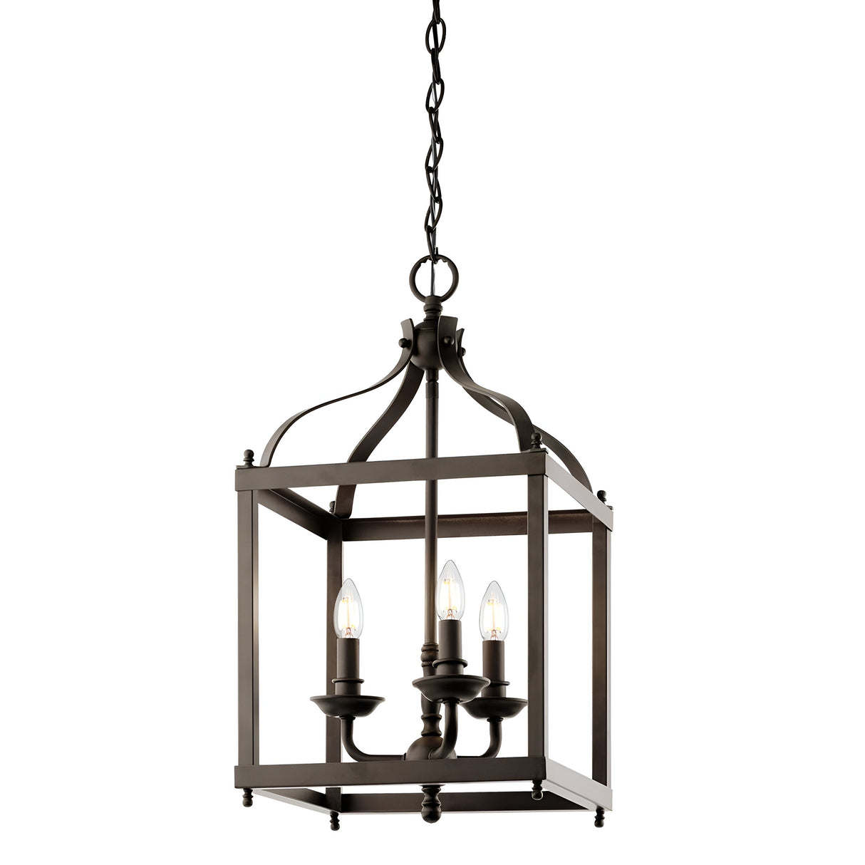 The Larkin 3 Light Medium Chandelier - Olde Bronze boasts an open cage design with an olde bronze metal finish. This lantern-style hanging fixture features three candle-shaped bulbs, suspended by a chain, and is adorned with curved accents, making it ideal for indoor decor.