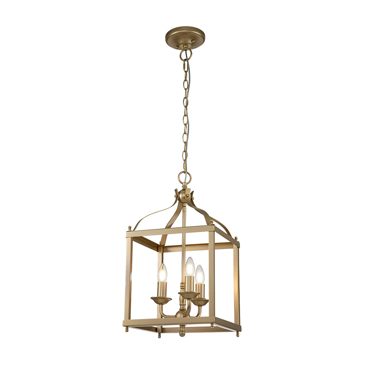 The Larkin 3 Light Medium Chandelier in natural brass boasts an open cage design, highlighting three candle-style bulbs. This elegant rectangular pendant light is suspended gracefully from a chain connected to a circular ceiling mount.