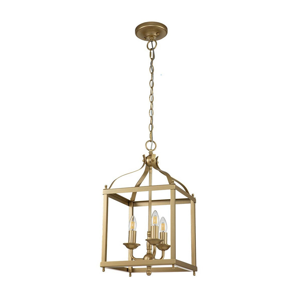 The Larkin 3 Light Medium Chandelier - Natural Brass gracefully hangs from a chain, featuring an open cage design. Its gold, lantern-style geometric frame houses three candle-like bulbs, offering a classic and welcoming glow.