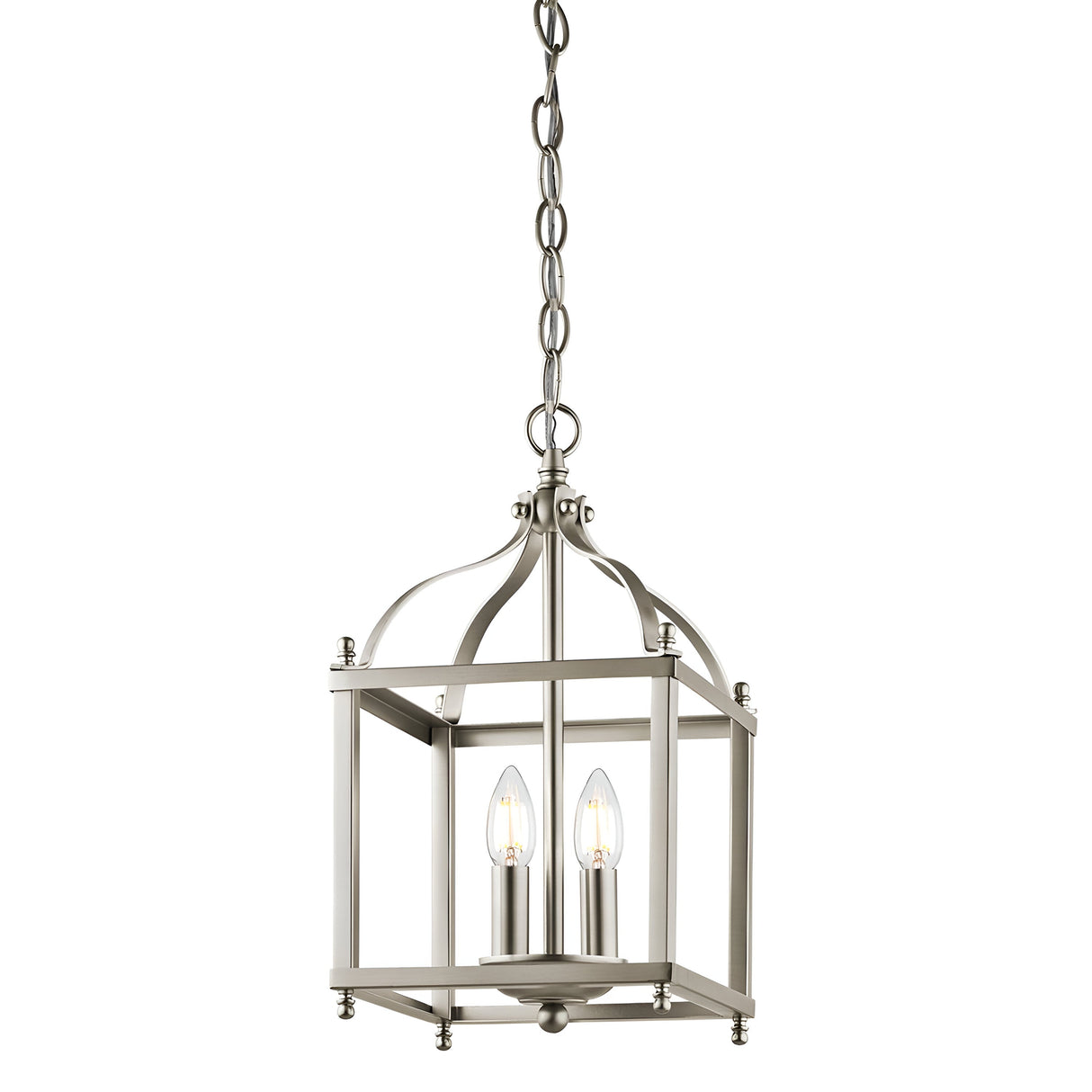The Larkin 2 Light Small Chandelier - Brushed Nickel features a sleek open cage design and is suspended from a chain. Within the rectangular frame, two candle-shaped bulbs enhance its symmetrical, minimalistic appeal, providing a contemporary look.