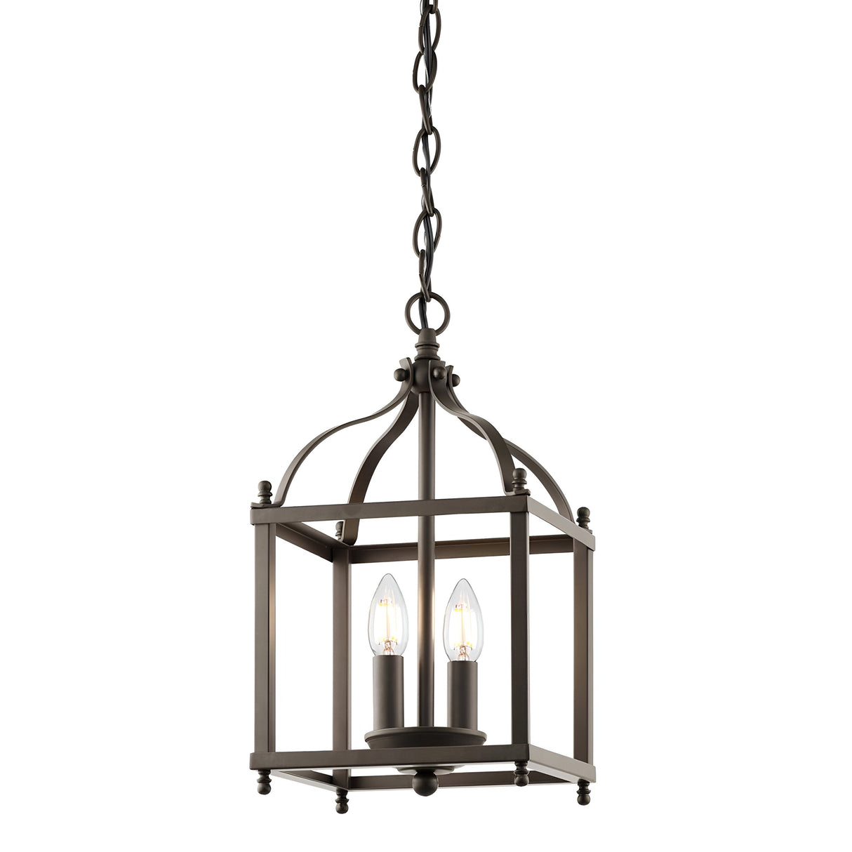 The Larkin 2 Light Small Chandelier in Olde Bronze displays a black metal open cage design, suspended from a chain, similar to a classic chandelier. It showcases two exposed candle-shaped bulbs inside a rectangular frame with elegantly curved top bars.
