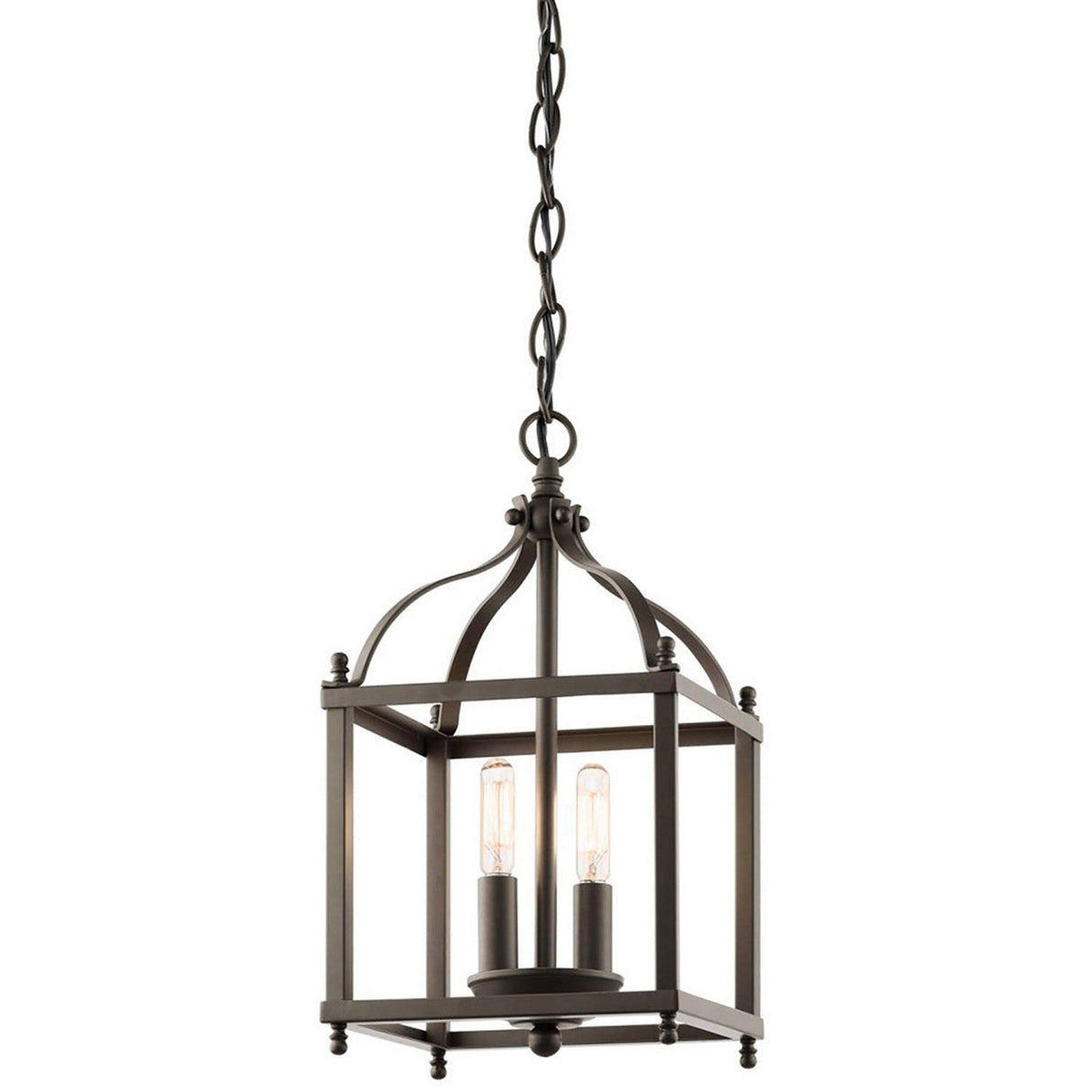 The Larkin 2 Light Small Chandelier in Olde Bronze exhibits a vintage-style design with a squared, open cage that houses two exposed Edison bulbs. It is suspended by a chain, blending a classic and industrial look.
